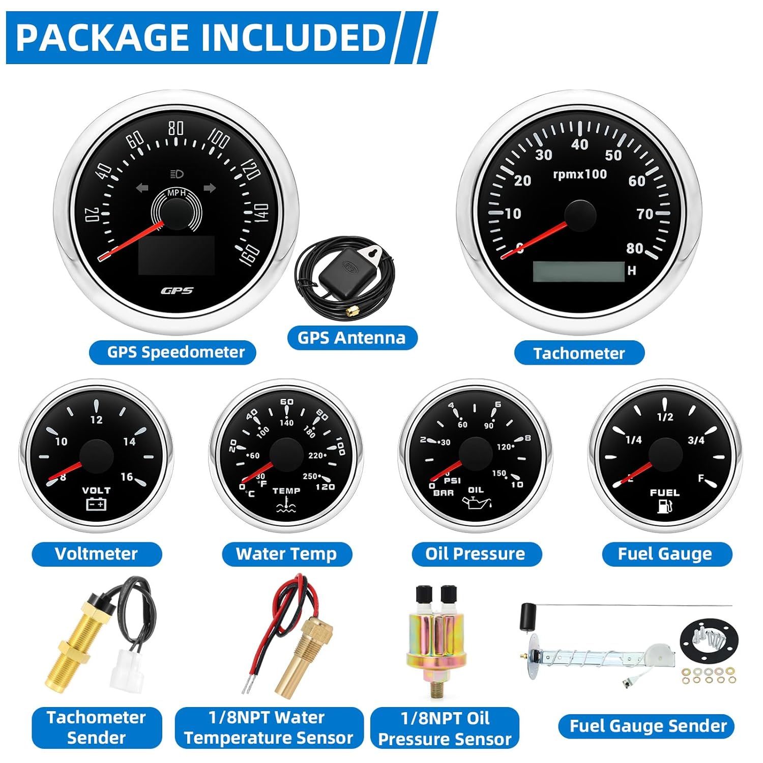 MH 6 Boat AUTO Gauge Set - 3-3/8" GPS Speedometer, Tachometer, 2-1/16" Oil Pressure, Fuel Level, Water Temperature, Voltmeter Marine Meter Kit Waterproof 7 Color (Black and Silver)