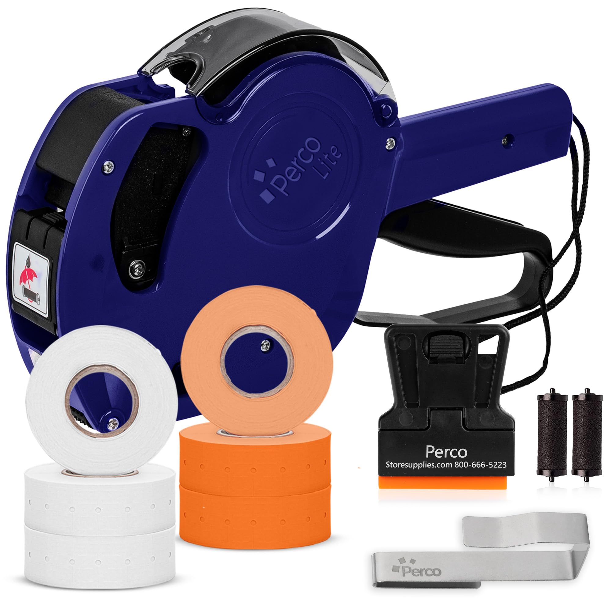 Perco Lite 1 Line Price Gun with Labels Kit - Includes 3 White Rolls, 3 Fluorescent Orange Rolls, 2 Ink Rollers, 1 Ink roll and Labels Pre-Loaded
