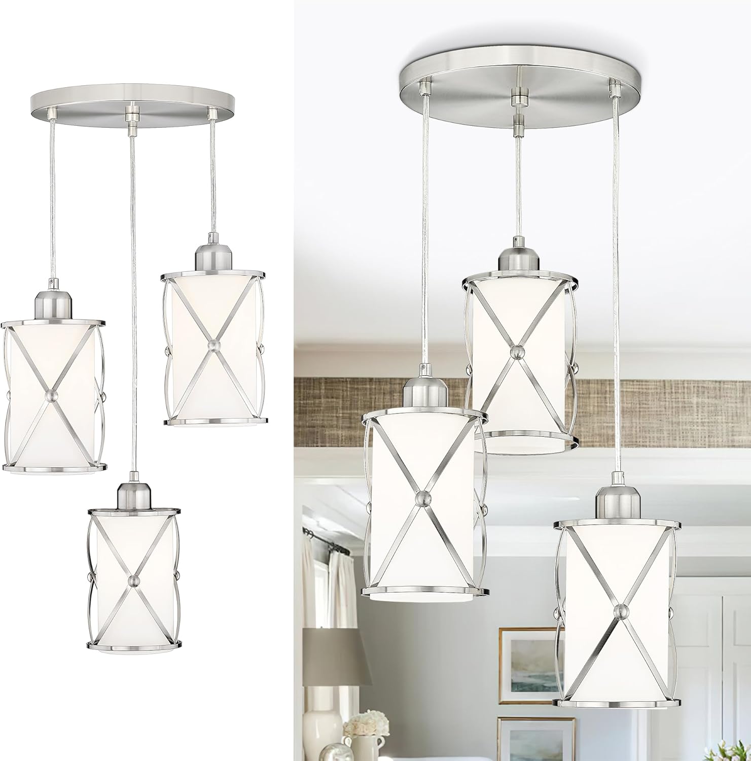 Brushed Nickel Dining Room Chandelier Light Fixture, 3-Light Pendant Lighting with Frosted Glass, Modern Kitchen Island Cluster Hanging Pendant Lights for Sink, CH9176BNW3