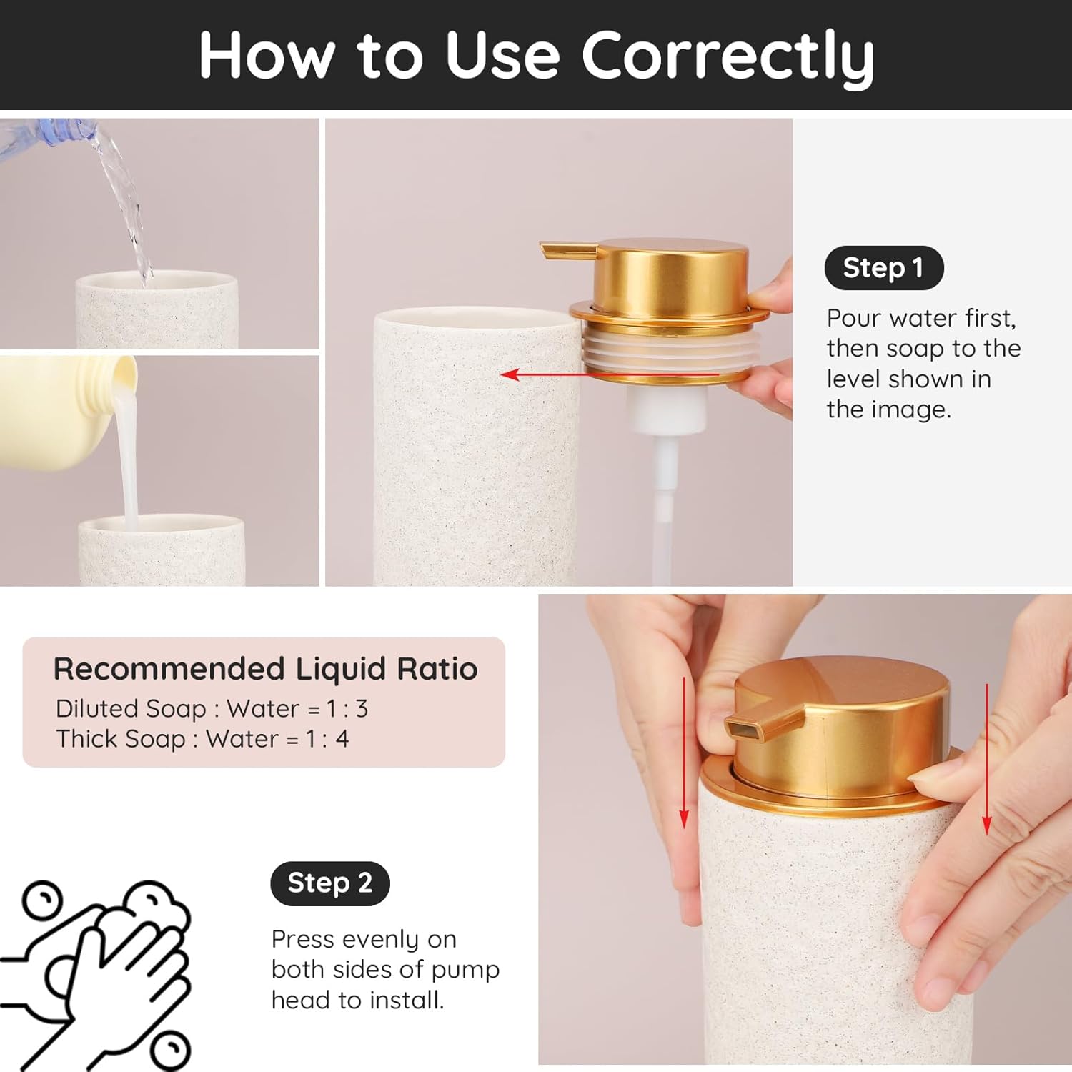 Segbeauty Ceramic Foaming Hand Soap Dispenser, 16.9oz Refillable Kitchen Bathroom Foam Soap Dispenser, 500ml Empty Liquid Soap Lotion Dispenser Foaming Pump Bottle for Modern Home Farmhouse Decor - Image 4