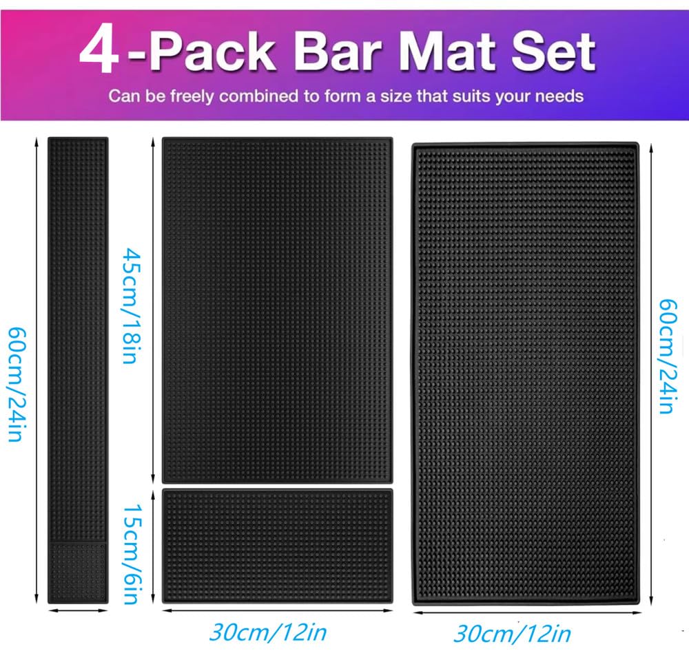Juego de 4 Alfombrillas de Bar para cócteles y cafeterías, Antideslizantes, Flexibles, de Goma, para Servicio de Bar, de peluquería, Secado de Platos (24 x 12 + 18 x 12 + 23 x 3 + 12 x 6 Pulgadas,