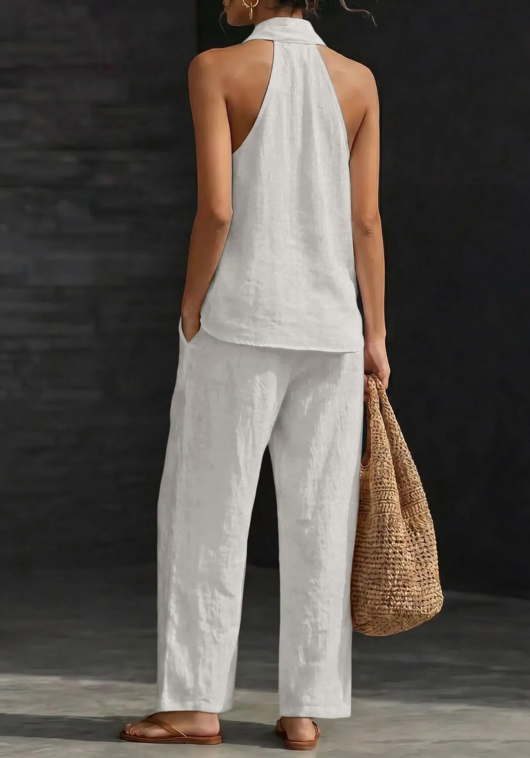 Women's Summer Linen 2 Piece Outfits Halter Neck V Neck Sleeveless Halter Top and Wide Leg Pants Casual Matching Sets