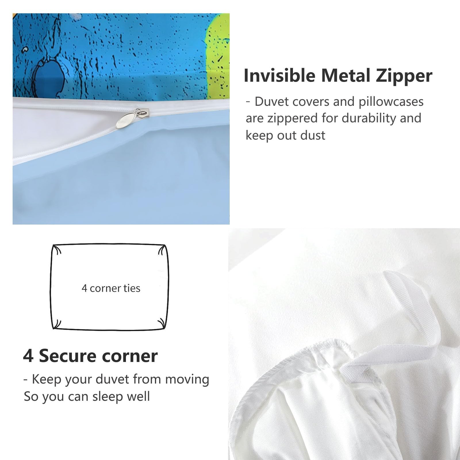Set di biancheria da letto king size con cerniera nascosta, per ragazzi e ragazzi, motivo: cuffie e cuffie con musica hip-hop, blu, in morbida microfibra, con cerniera nascosta, 230 x 220 cm + 2