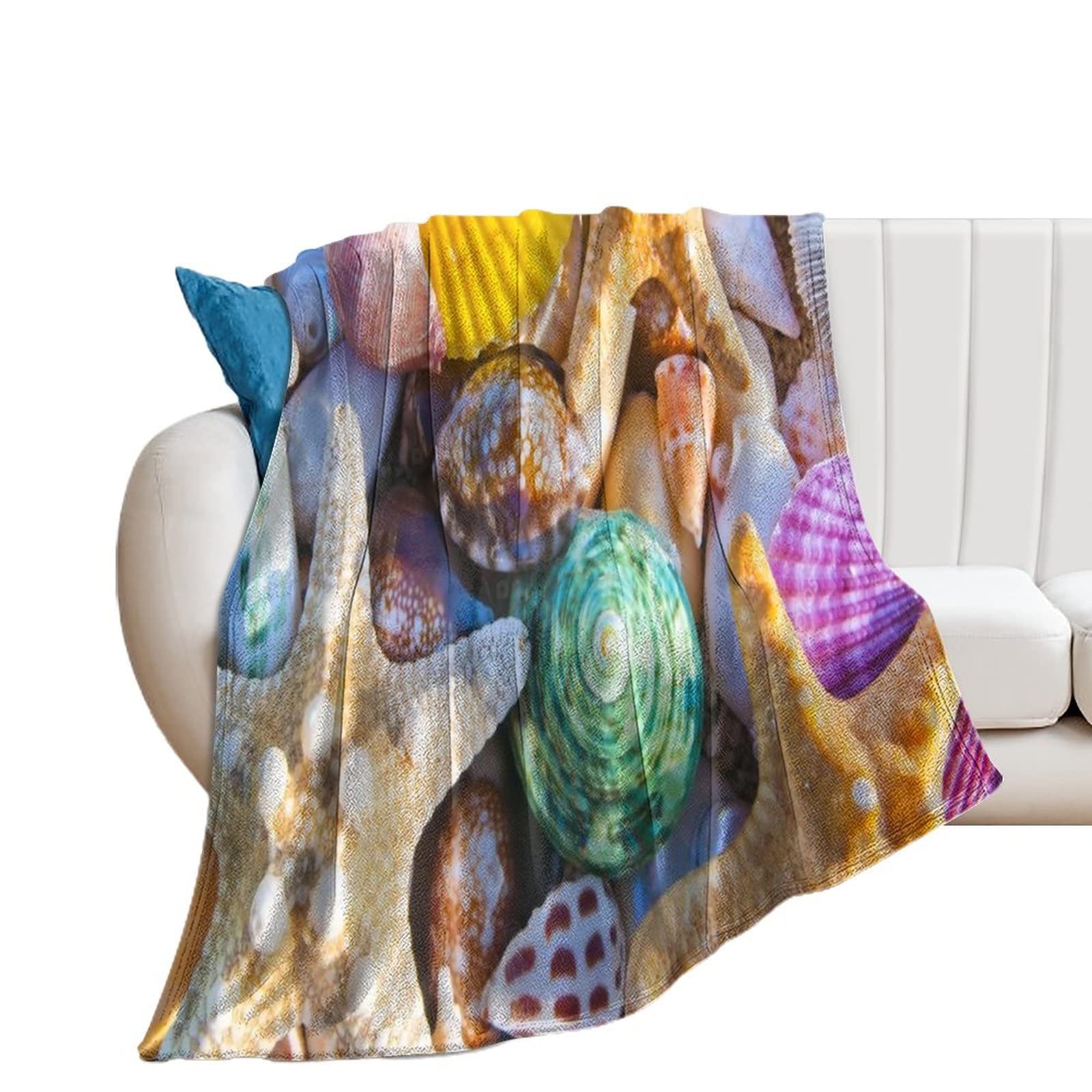 Couverture en flanelle coquillage et étoile de mer 177x203cm