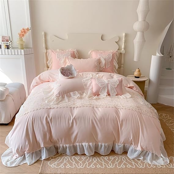 Ruffled Bedding Bow Duvet Cover -Twin Size Pink Chic Lace Bedding Set with Cute Bowtie-2 Pieces Soft Comforter Cover Set with Zipper Closure-Romantic French Princess Style-No Comforter-Pink,Twin Size