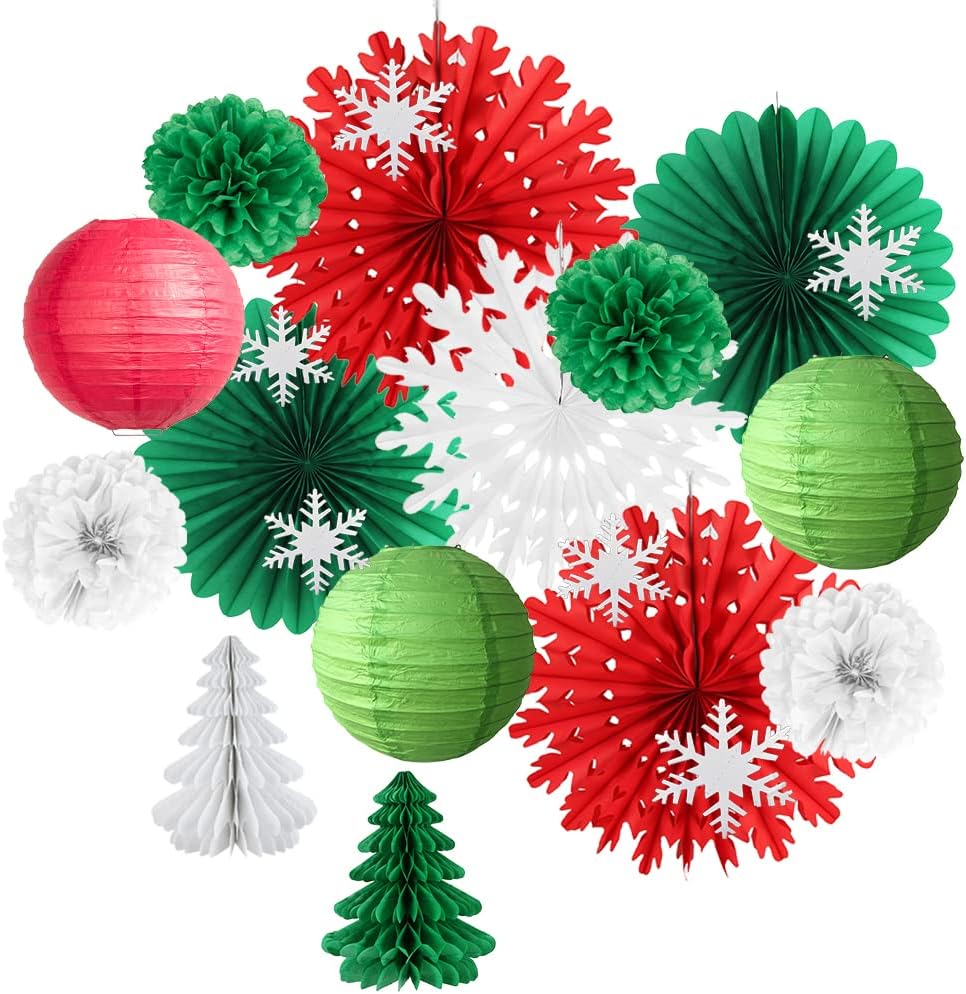 Christmas Party Decorations Indoor Red White and Green Christmas Decorations Hanging Paper Snowflakes Fans Paper Tree for Bridal Shower Baby Shower Birthday Party