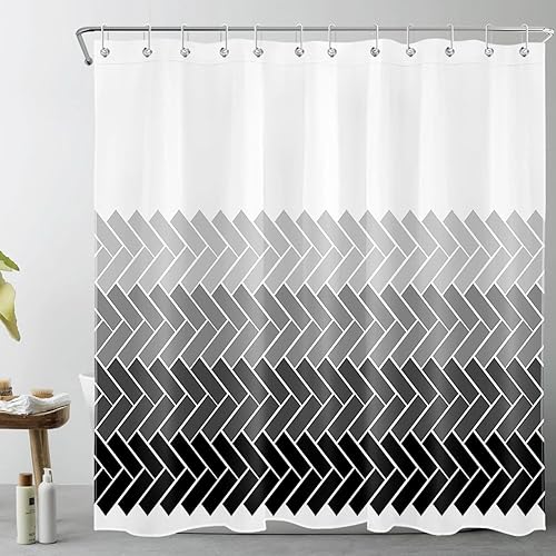 LB Cortinas de ducha en color blanco y negro degradado para baño tela texturizada geométrica decoración de baño juego de cortinas de ducha modernas