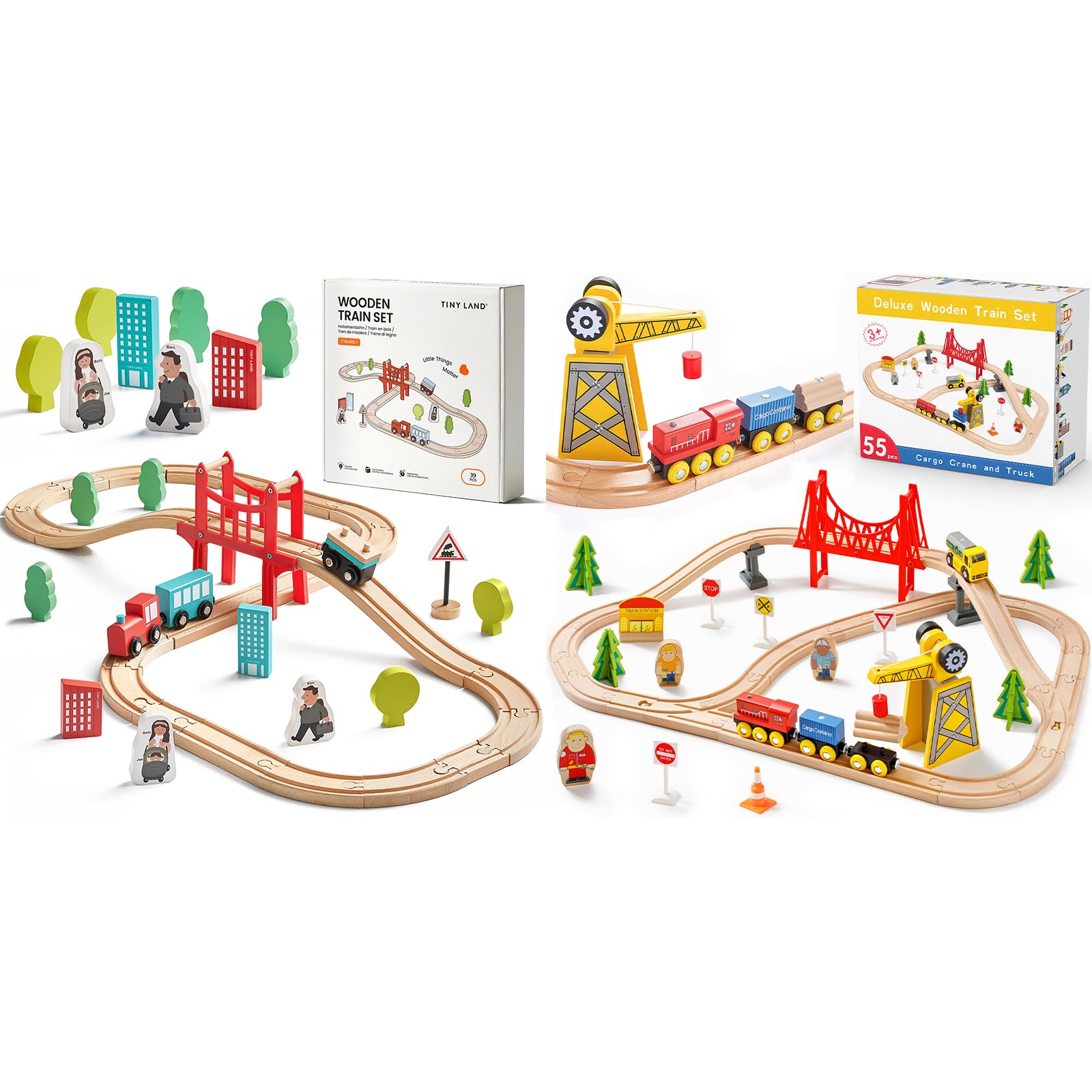 Tiny Land 55Pcs Holzeisenbahn Set & 39Pcs Holzeisenbahn und Züge Pack