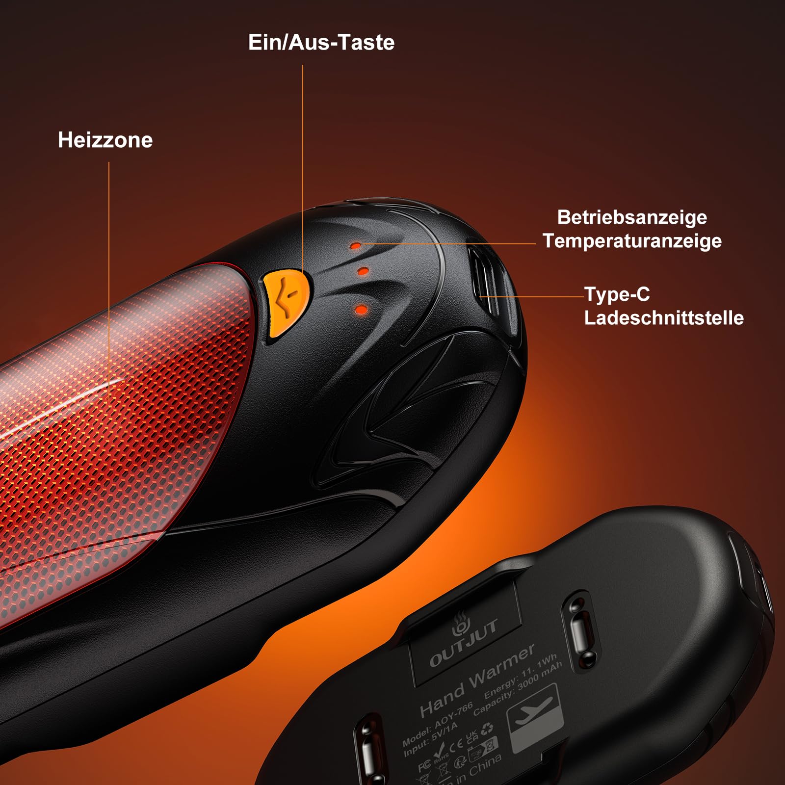 Handwärmer Elektrisch 2 in 1, OUTJUT 6000mAh USB Handwärmer Wiederaufladbar, 20 Stunden Akkulaufzeit 3 Heizmodi Schnelles Aufheizen, Outdoor Sport im Winter, Geschenk Weihnachten