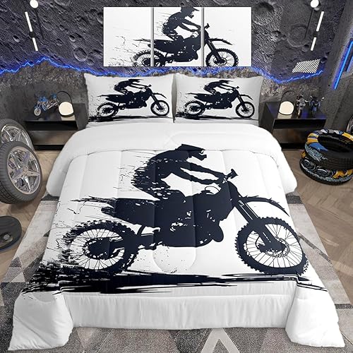 Feelyou Cool Motocross Comforter Set King Size Dirt Bike Bedding Set Ultra Soft 