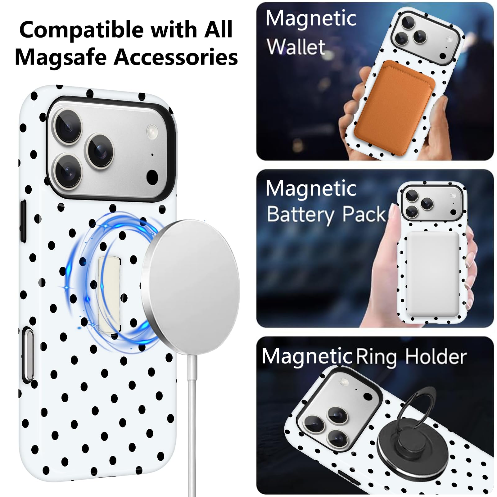 KANGHAR Custodia a pois per iPhone 17 Pro Max con supporto a strappo nascosto - Cover ibrida 2 in 1, sottile, antiurto, compatibile con MagSafe, protezione obiettivo fotocamera, unisex quotidiano