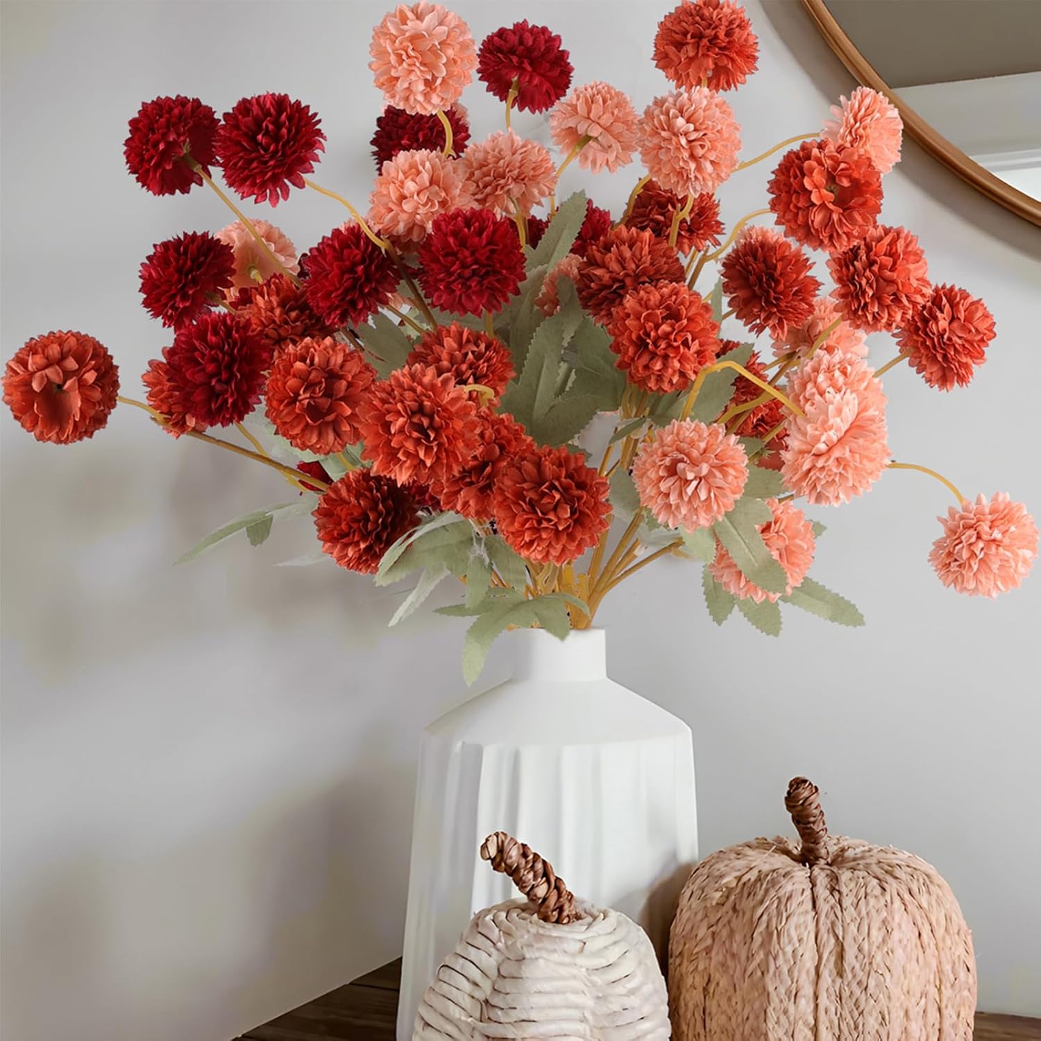 Hananona 12 Pcs Artificial Chrysanthemum Flowers, Orange Kiku Pom Pom Mums Flower Faux Fall Floral for Autumn Halloween Kitchen Table Centerpiece Home Decor (12, Burgundy, Burnt Orange, Deep Peach) Burgundy, Burnt Orange, Deep Peach 12