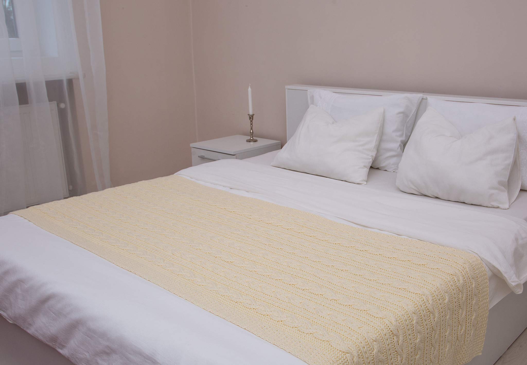 SAOL Bed Scarf Runner Irish Chunky Cable Knit Throw Cover Made of Soft Wool Blend (Natural, Single Bed)-image-1