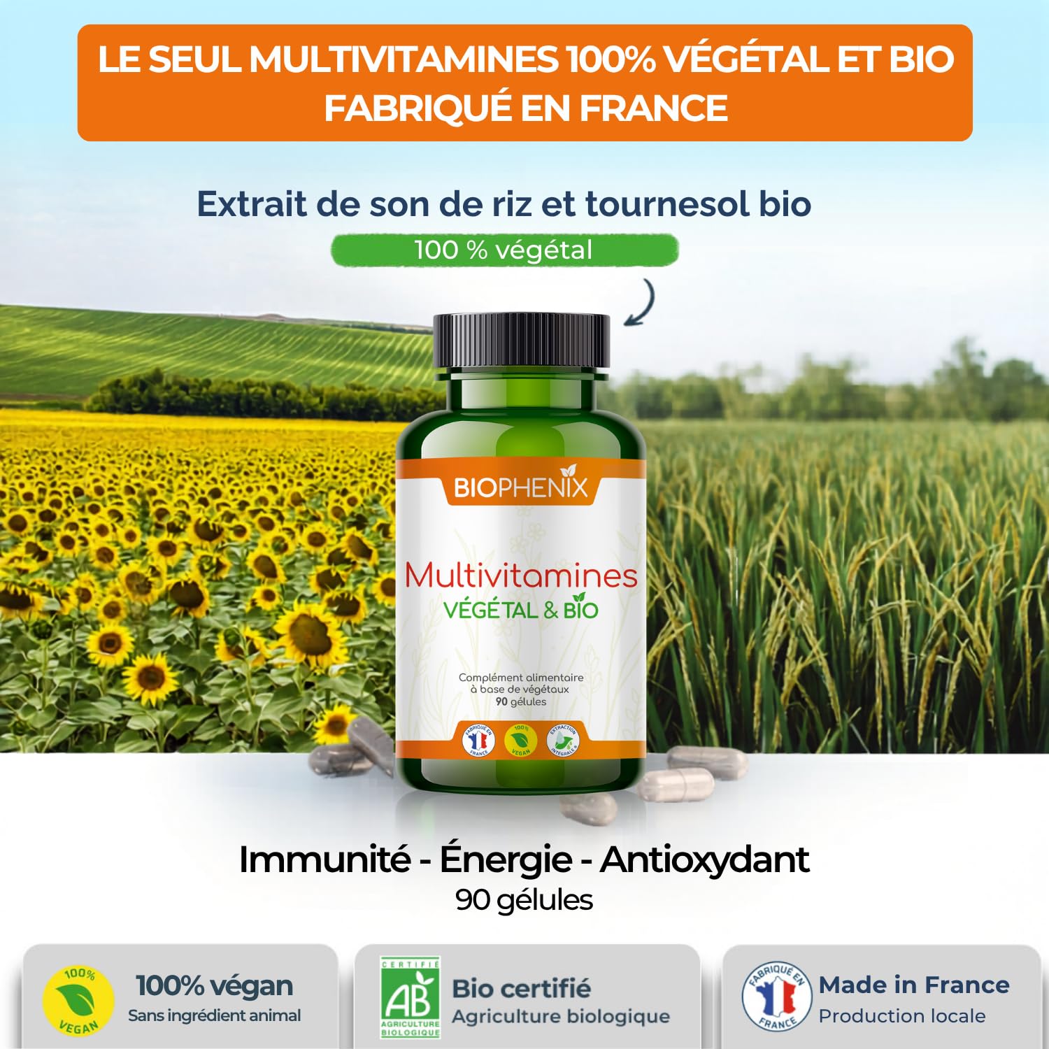 Biophénix - Multivitamines Bio 90 Gélules - Procédé Exclusif Extraction Intégrale® - 0% Excipient • 0% Additif • 0% Produit Chimique - Immunité, Énergie, Antioxydant - Fabriqué en France - Vegan