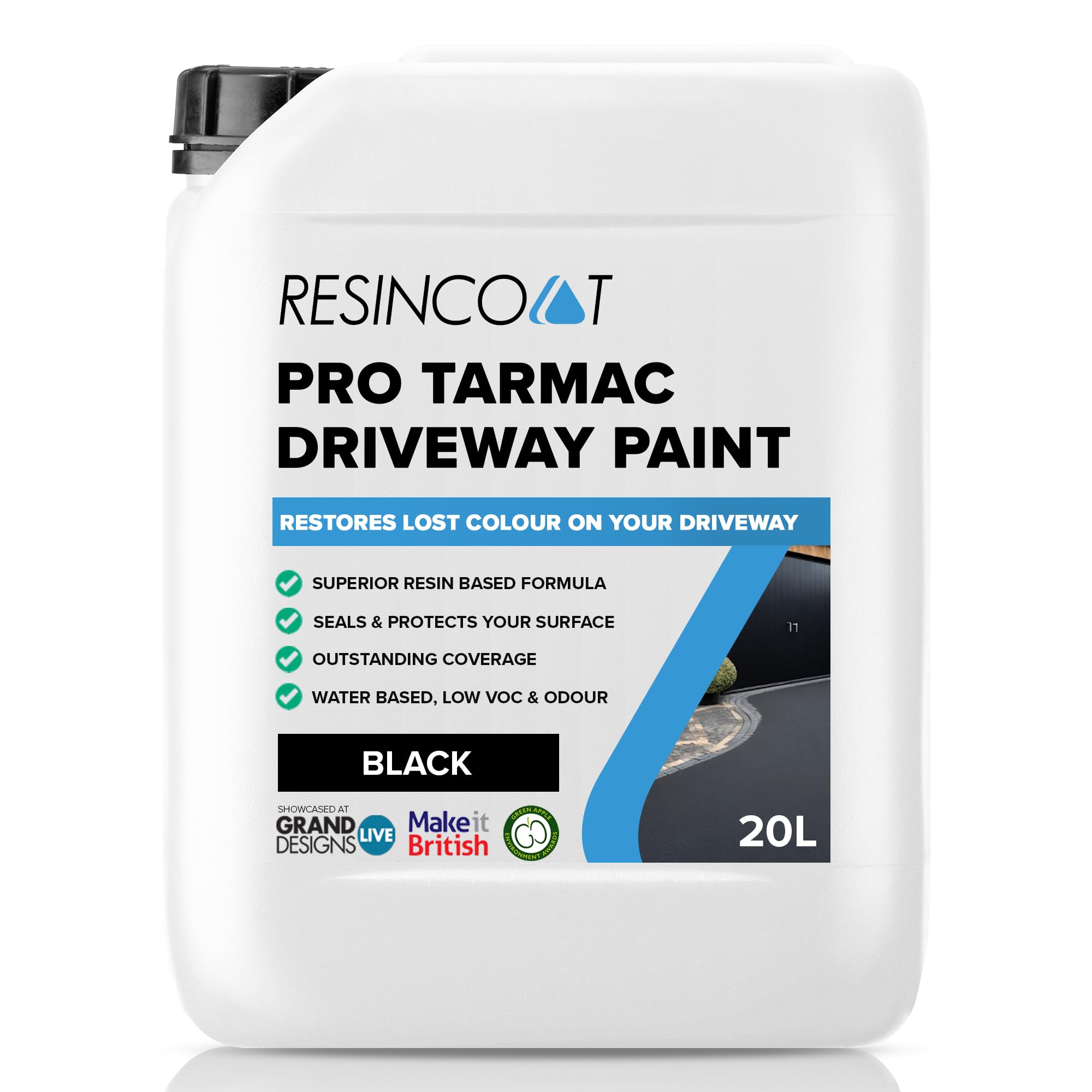 Resincoat Black Pro Tarmac & Driveway Paint, Outdoor Coating For Driveways, Pathways, Car Parks & More, Water Based, High Resin Content, Restores Lost Colours In Concrete, Tarmac Or Asphalt, 20Kg