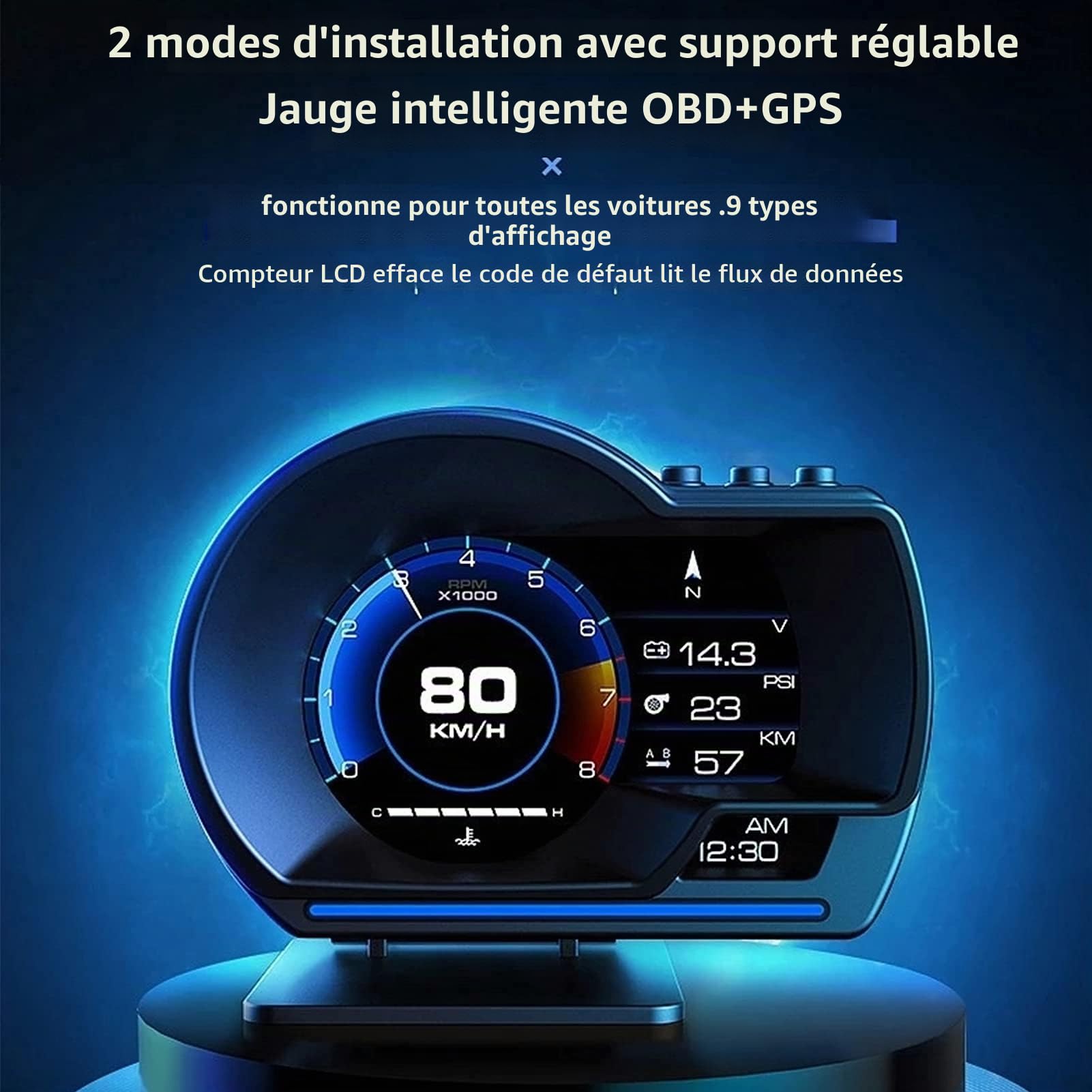 Keenso Affichage Tête Haute, OBD2 + GPS 11V-18V Jauge Intelligente Voiture HUD Compteur de Vitesse Alarme Turbo RPM pour Camion de Voiture Compteur de Vitesse