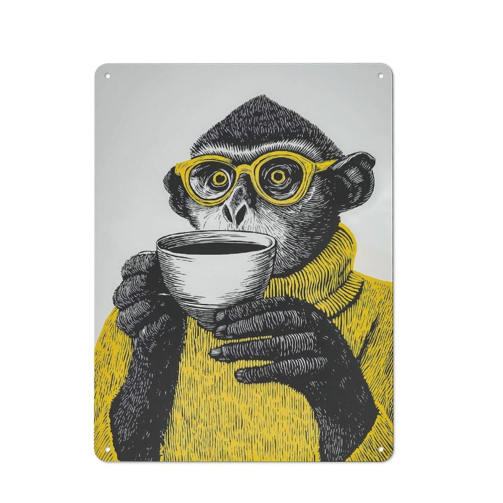 Junmoney Style-18 Tin Wall Plaque 40X30cm With Monkey With Coffee And Glasses For Pub Or Café, For Hospitality Wall Decor Collectors