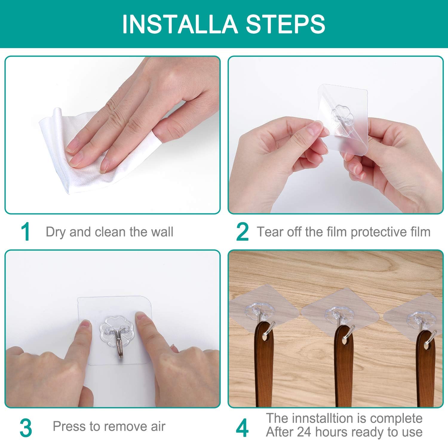 Alliebe Adhesive Hooks Wall Hooks 13lb(Max) Transparent Reusable Seamless Nail Free Hooks Waterproof and Oilproof,Bathroom Kitchen Utility Towel Mug Cups Spatula Can Opener Scissors Hooks（24Pack） : Home & Kitchen