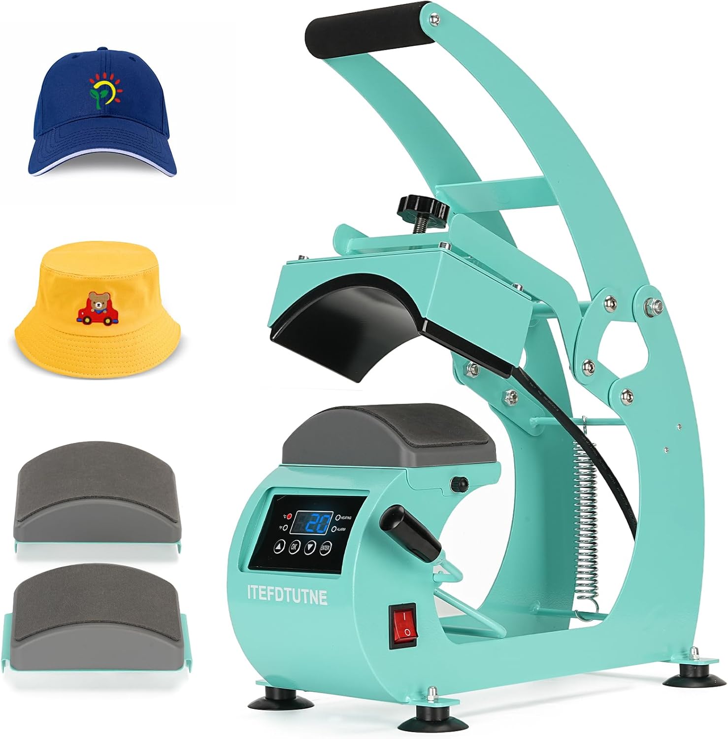 Hat Heat Press Machine for Caps Inclusive 2pcs Interchangeable Platens (6.7"x3.8", 6.7"x2.5"), Cap Heat Press for Hats Rigid Steel Frame No Stick Digital LCD Timer and Temperature Control