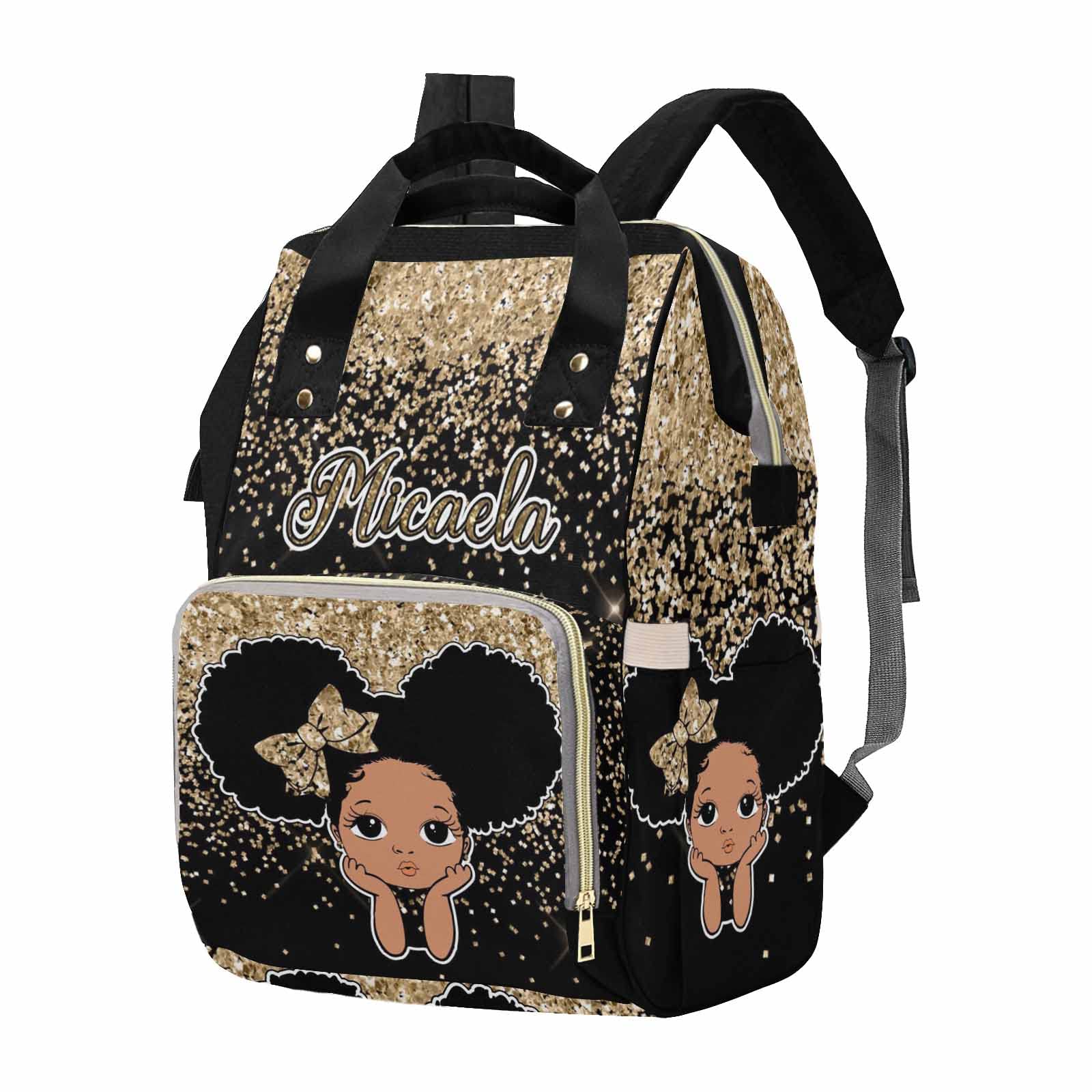 Customized Golden Glitter Diaper Bag with Name for Girl Boy, Personalized African Princess Mommy Nursing Daypack with Large Capacity for Travel Waterproof Nylon Backpack for Womens Birthday Gift