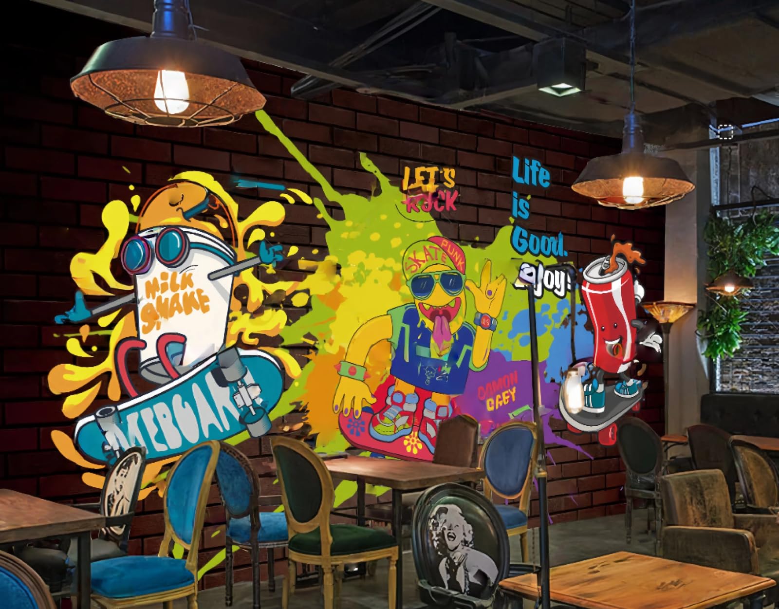 Murale moderno con tema musicale hip-hop e graffiti, sfondo per ristorante e caffetteria, 3D, 250x175 cm