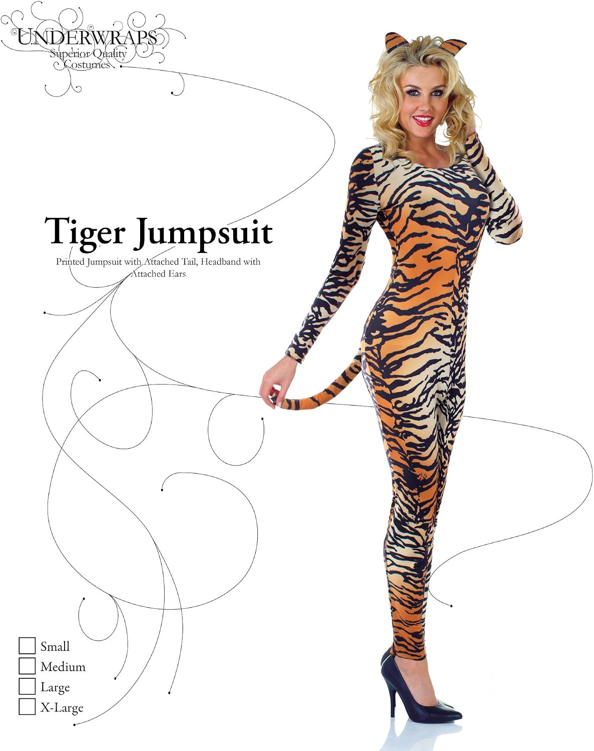 Sexy Stretch Tiger Jumpsuit Costume Set with Attached Tail and Matching Ears Orange