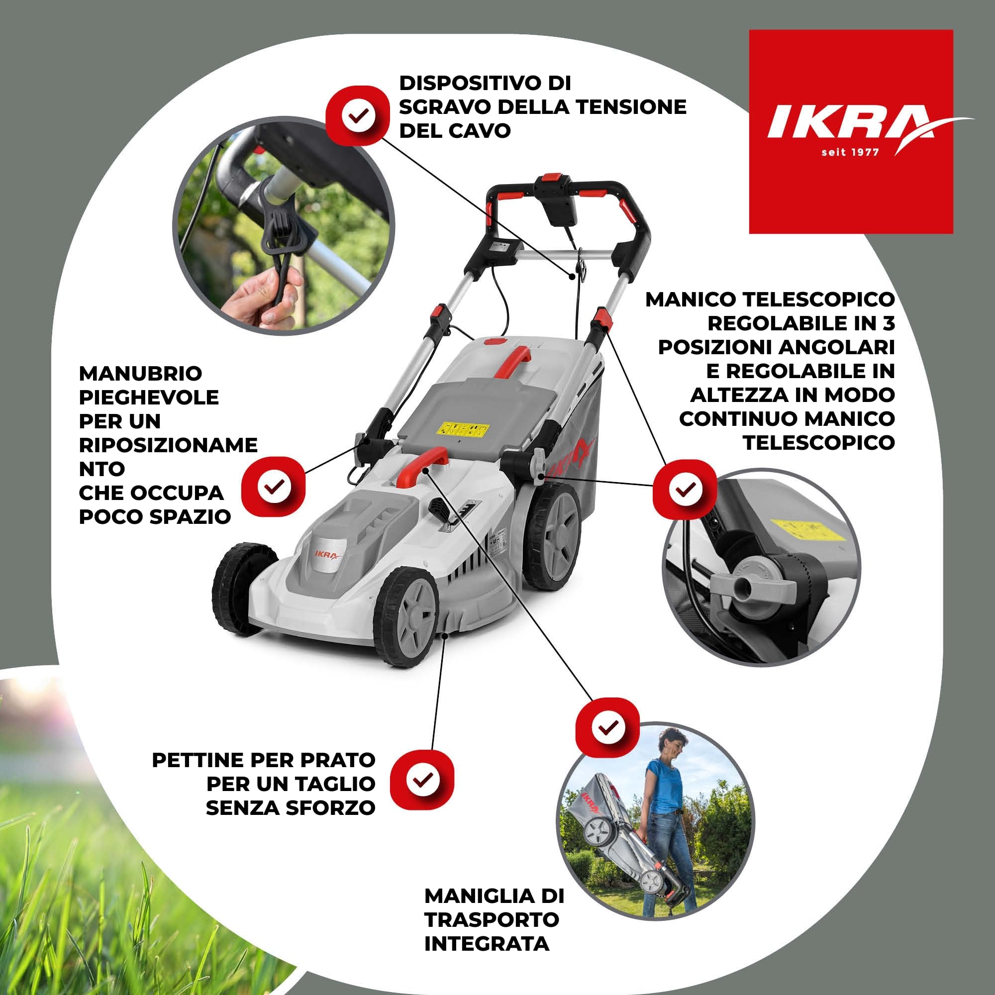 IKRA tosaerba elettrico IERM 2043 T, 2000W, altezza di taglio 30-75mm, larghezza di taglio 43cm, inclusa lama di ricambio & kit mulching