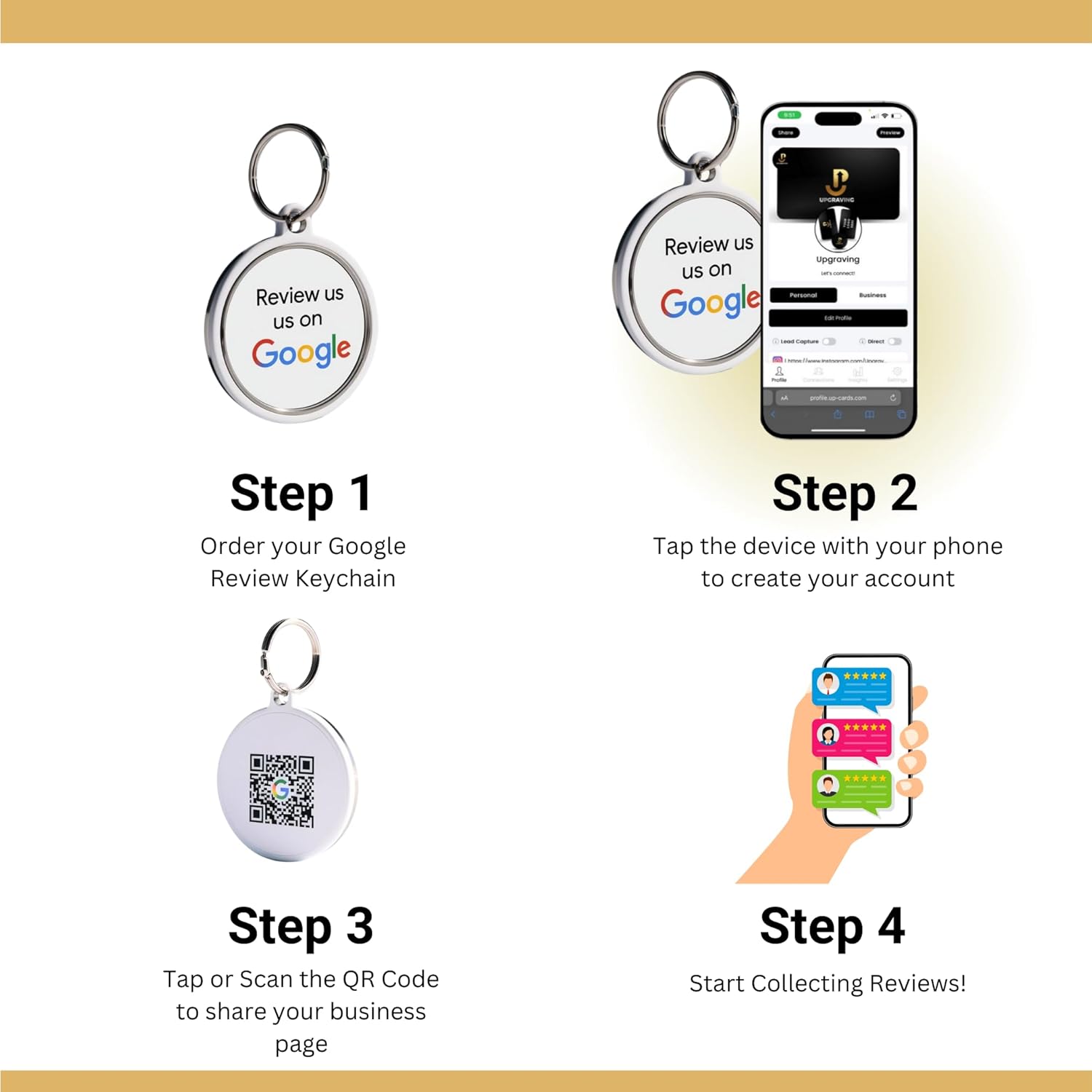 Smart Google Review Tap Keychain with QR Code for Instant Customer Feedback. Includes an NFC Tag for Direct Google Reviews. Compatible with iPhone and Android.