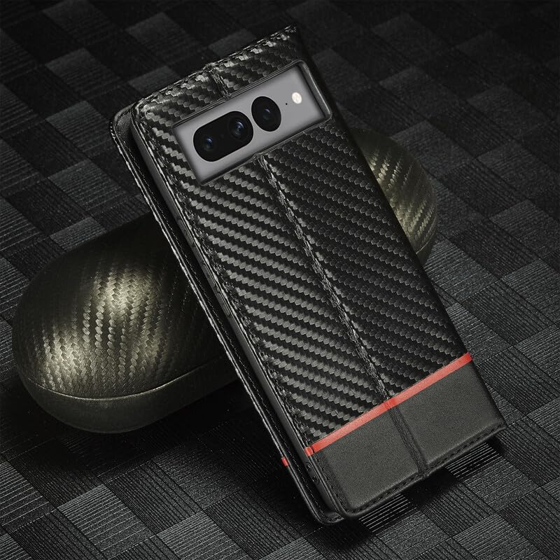 Étui compatible avec Google Pixel 7 noir clapet aimanté anti-choc cuir style carbone - 2