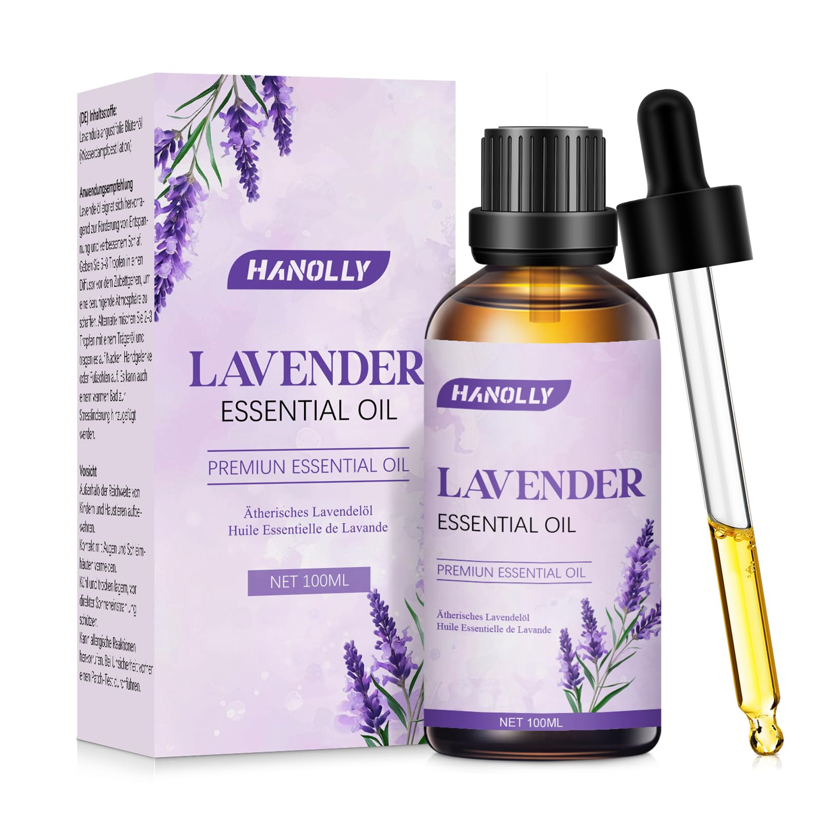 HANOLLY Olio Essenziale Lavanda 100ml, Oli Essenziali per Diffusori Naturali, Profumati di Aromaterapia olio per Massaggio Corpo, Candele Fai da Te, Diffusore, SPA, Bagno, Regalo donna compleanno DIY