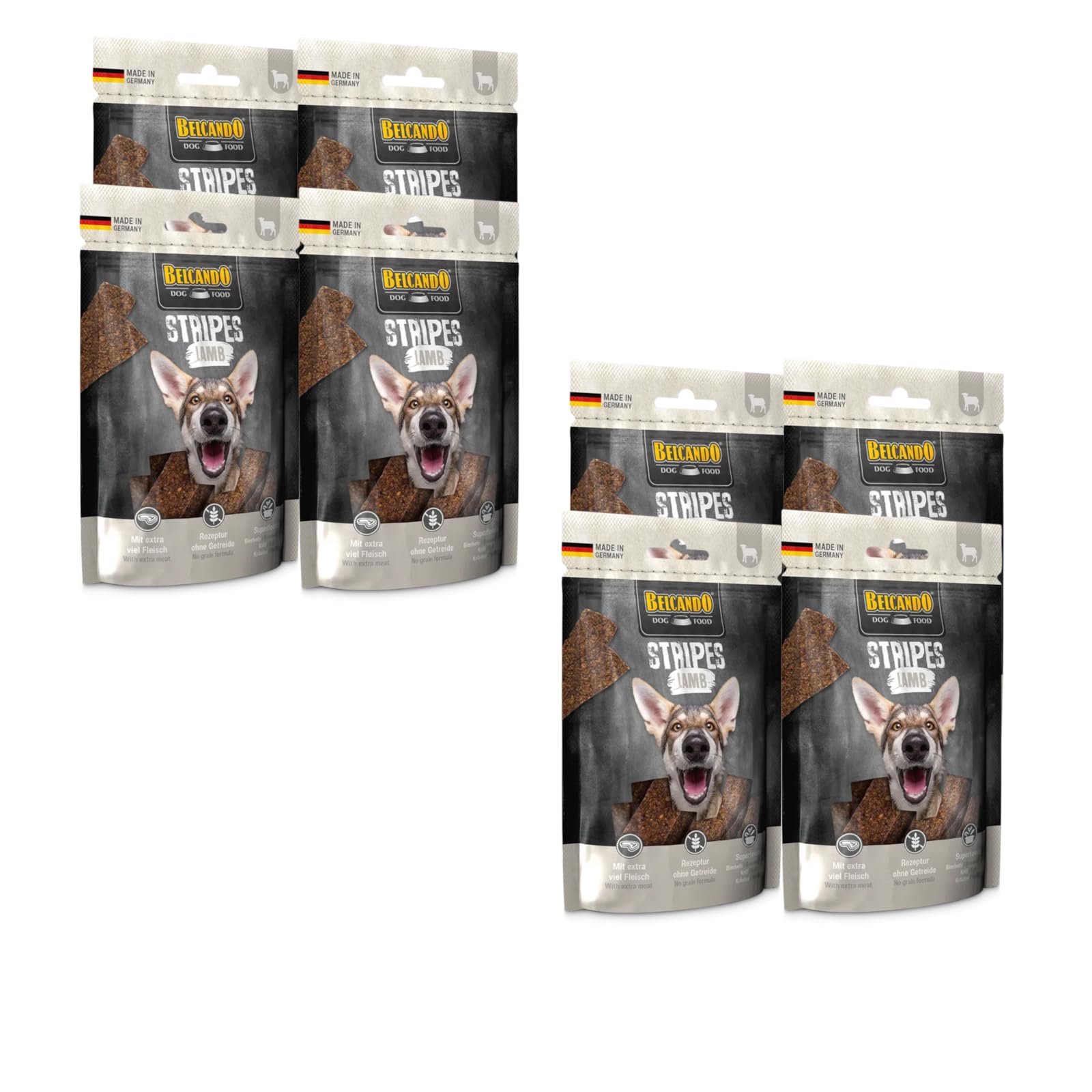 Belcando Stripes Lamb | Confezione da 8 | 8 x 70 g | Snack per cani | Con superfood: lievito di birra, krill ed erbe aromatiche | Senza cereali e senza zucchero | Con extra carne
