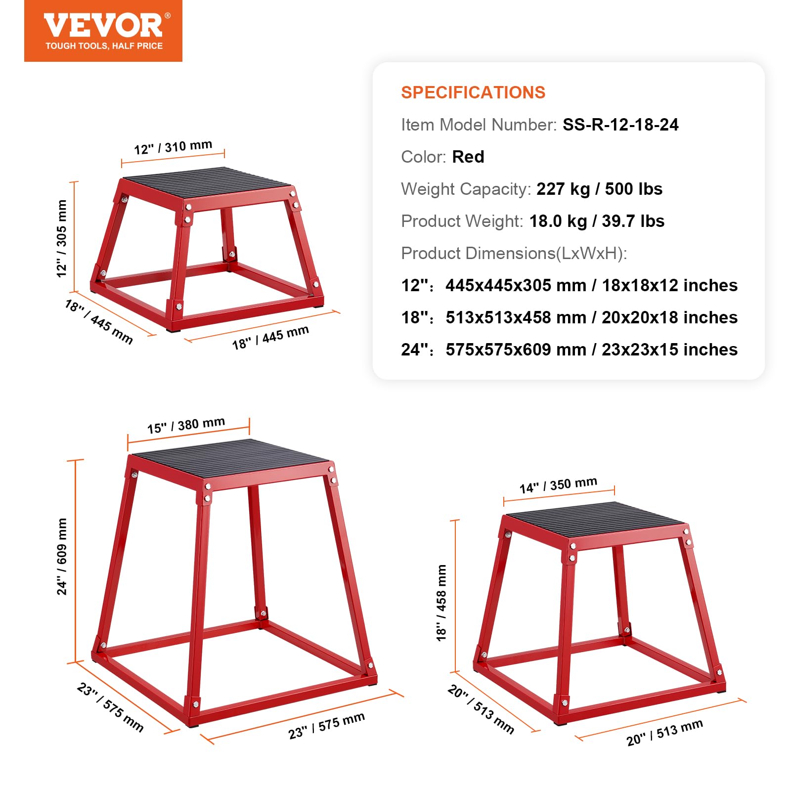 VEVOR Boîte Entraînement Pliométrique Step-up Pompe Squat Gym Domicile Plateforme Antidérapante, 4PCs 305/458/609/762 mm Unisex-Adult