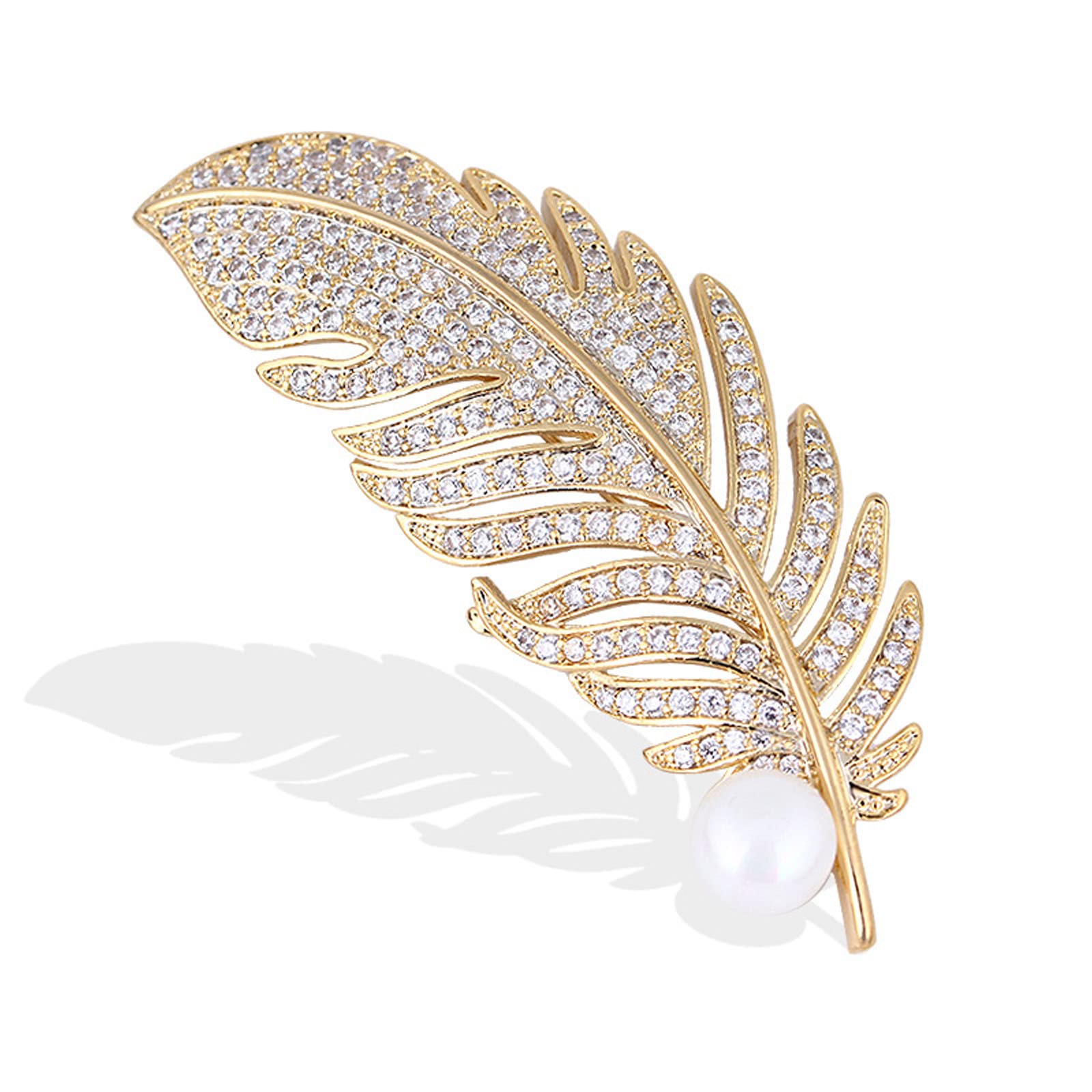 GYRMMUERhinestone Leaf Brooch Pin Premium Crystal Feather Brooch Gold Silver Feather Leaf Brooch Personality Clothing Hat Bag Skirt Accessories for Men and Women