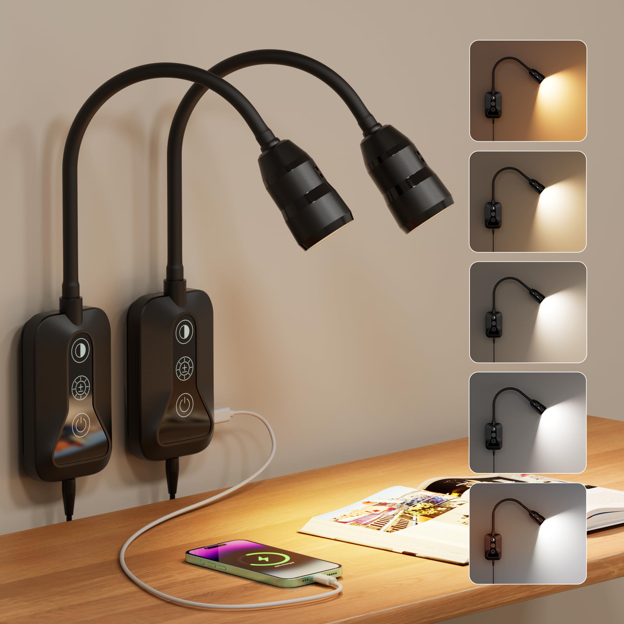Aplique de lectura con sensor de deslizamiento de la mano,Aplique de lectura con USB,Aplique regulable en 5 colores y luminosidad para dormitorio, Aplique de cuello de cisne flexible