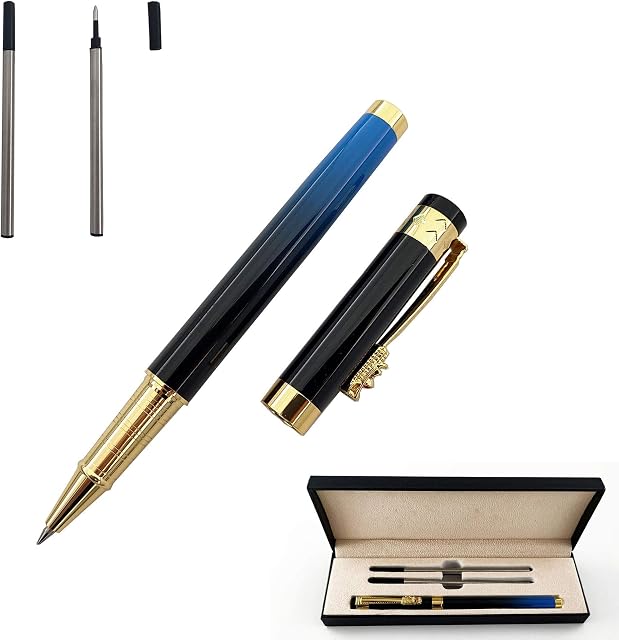Accod Premium Metal Rollerball & Ballpoint Pen Fine Nib Beautiful Business Signature Pen Premium Gift Box with Two 0.5mm Black Refills Gift Pen for Friend Family Paint Process (Blue)