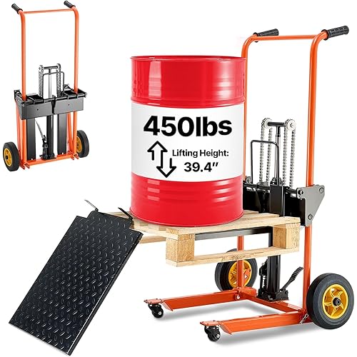 VEVOR Hydraulic Material Lift, Foldable Winch Stacker 450 lbs 39.4’’ Max Lifting Height with 9’’ Thick Rubber Wheels, 2 Swivel Front Wheels, Removable Steel Platform Board, Adjustable Forks