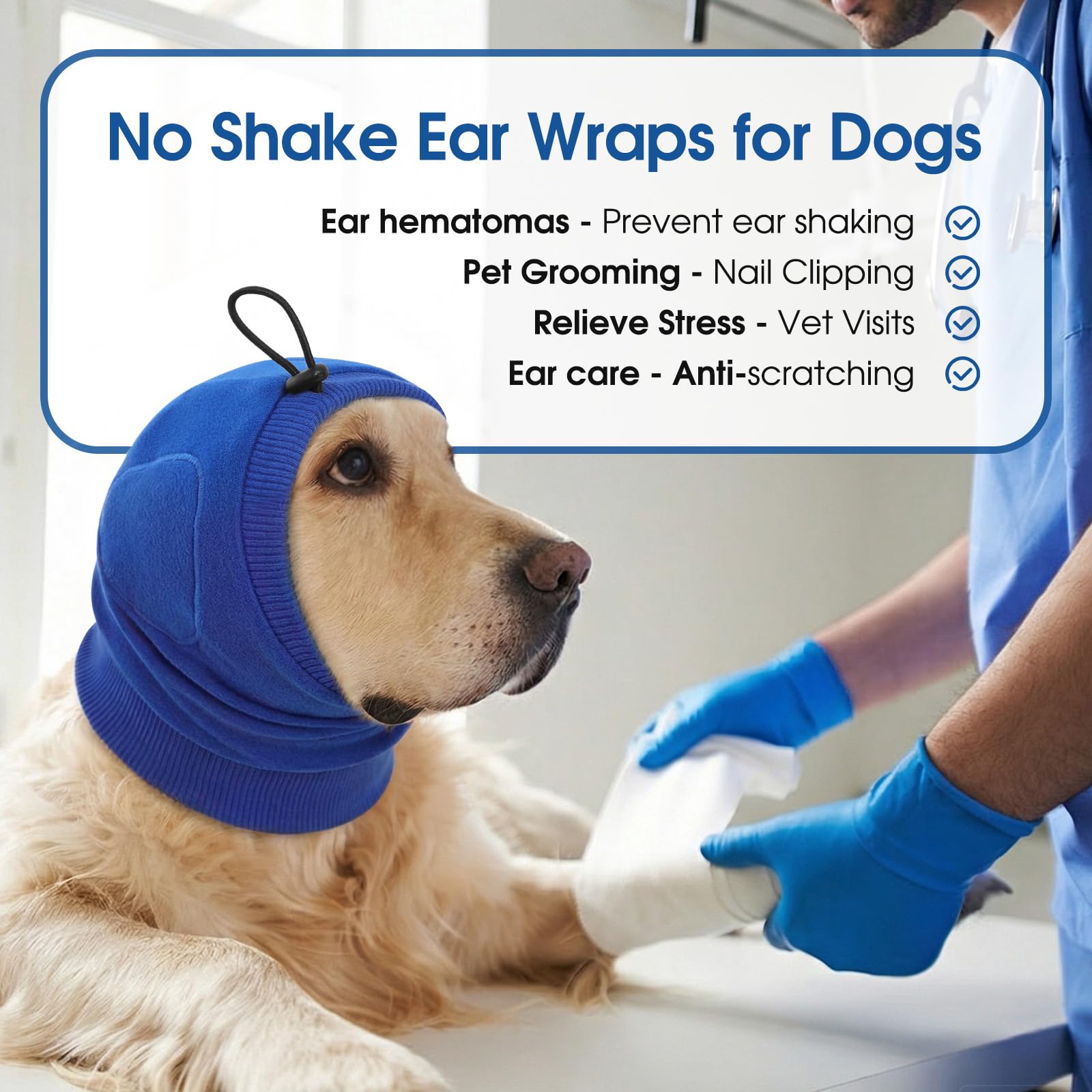 SUNFURA No Shake Ear Wraps for Dogs, Adjustable Dog Ear Cover with SoundProof Pads, Anxiety Relief Pet Ear Muffs Noise Protection Dog Calming Hoodie for Hematoma, Grooming, Fireworks, Thunder, Blue M — view 4
