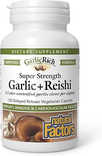 Natural Factors GarlicRich Garlic + Reishi - Suplemento de apoyo inmunológico y cardiovascular - con hongo Reishi orgánico - Sin OMG y sin gluten -