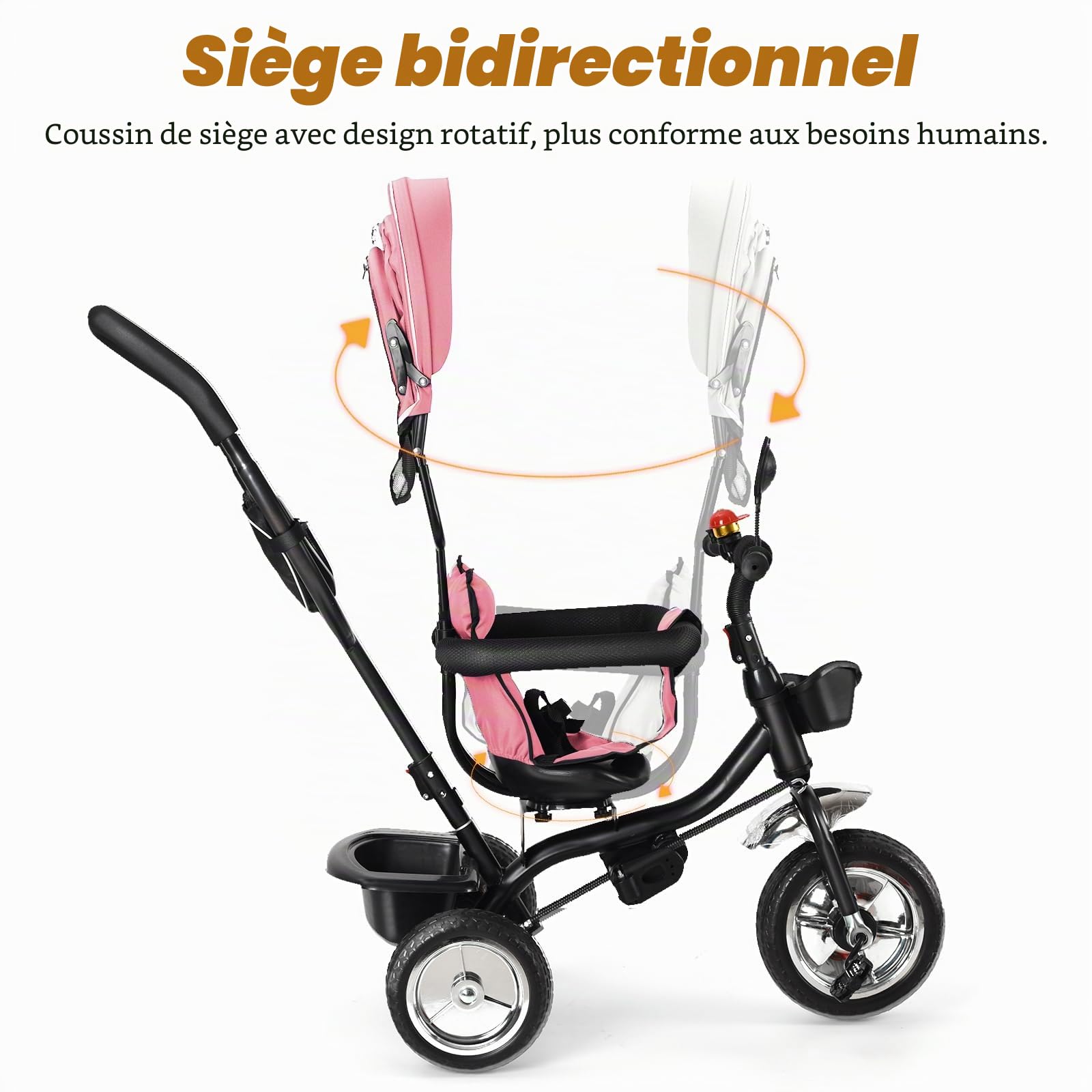 Tricycle Bébé Évolutif Jusqu'À 30 Kg, Velo Bebe pour Les Enfants À Partir de 1 an, Soleil Canne Télescopique et Pédales Amovibles Tricycle à Pousser pour Filles/Garçons-4 en 1 (Rose)