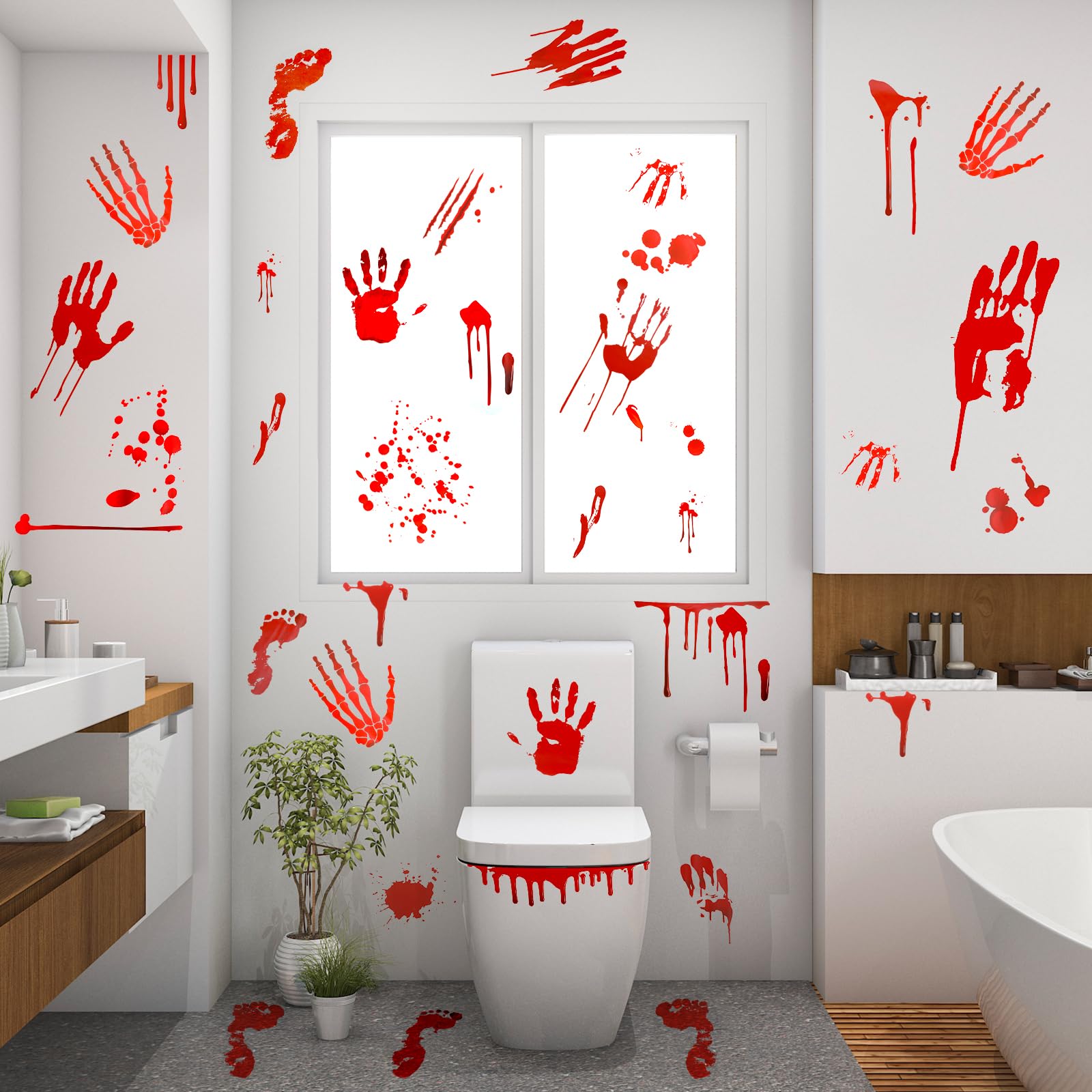 Chowchee Halloween Decorazioni Horror, Spaventose Adesivo Porta Interna, 2x Halloween Finestre Porta Adesivi & 8x Sanguinante Parete Pavimento Adesivi, Impronte di Mani Sanguinarie Impronte Piedi