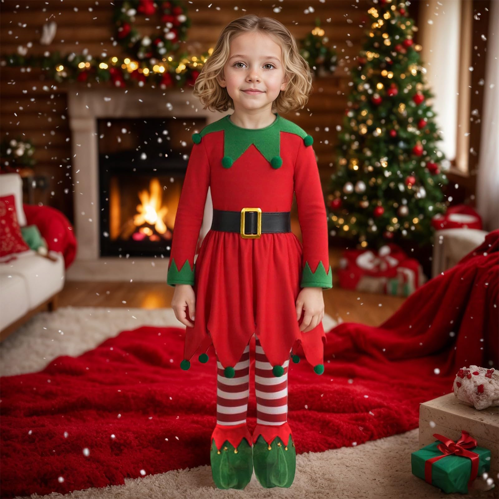 Générique Déguisement elfe de Noël pour fille, robe rouge à col vert et ceinture noire, costume de lutin festif pour spectacle de Noël et carnaval, tenue cosplay enfant pour fête costumée