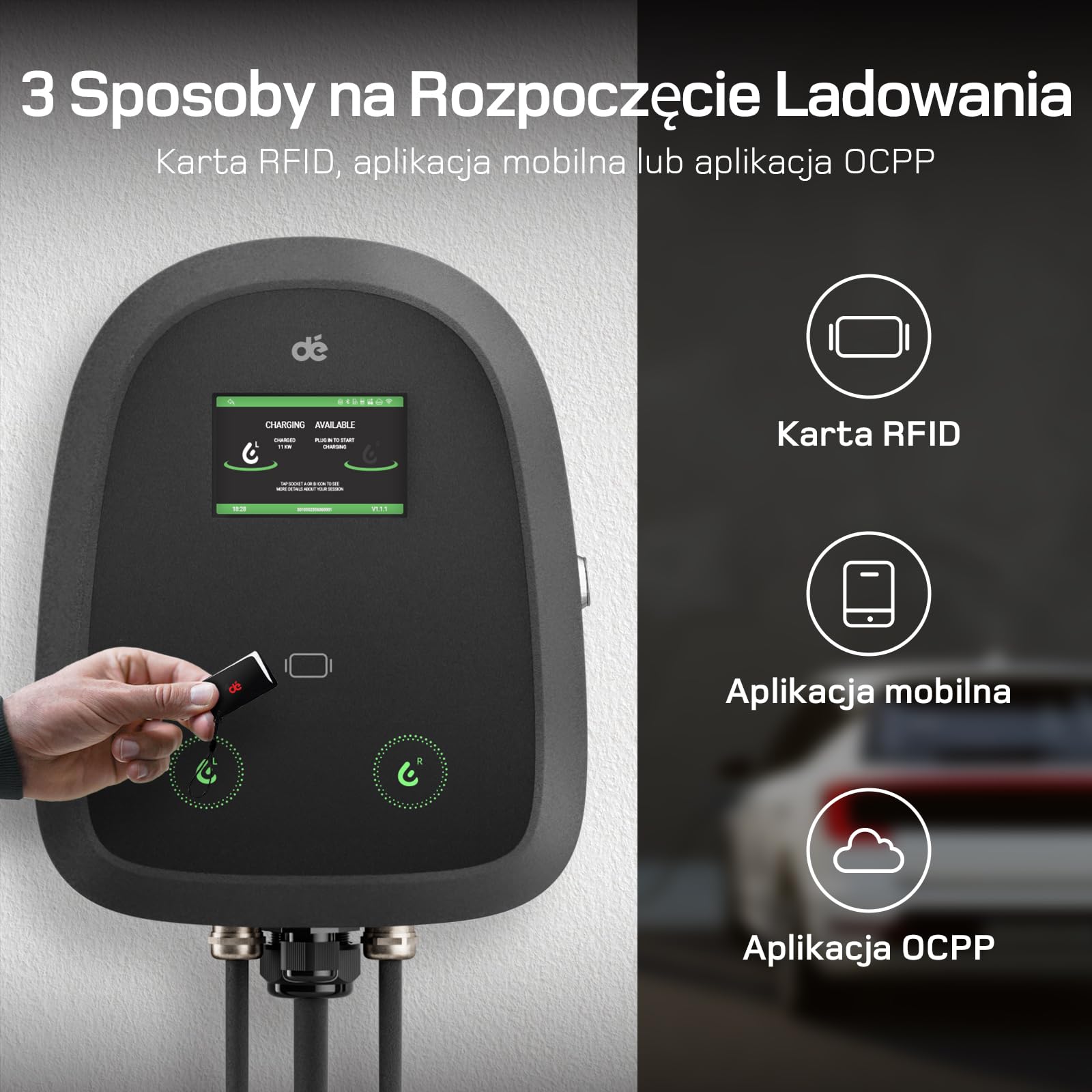 dé Podwójna stacja ładowania 2×11kW [7m+10m, 2×16A, trójfazowa] Wallbox 11kW z podwójnym kablem Typu 2, elektryczna ładowarka samochodowa sterowana aplikacją i ekranem dotykowym, do modeli Y/3 i