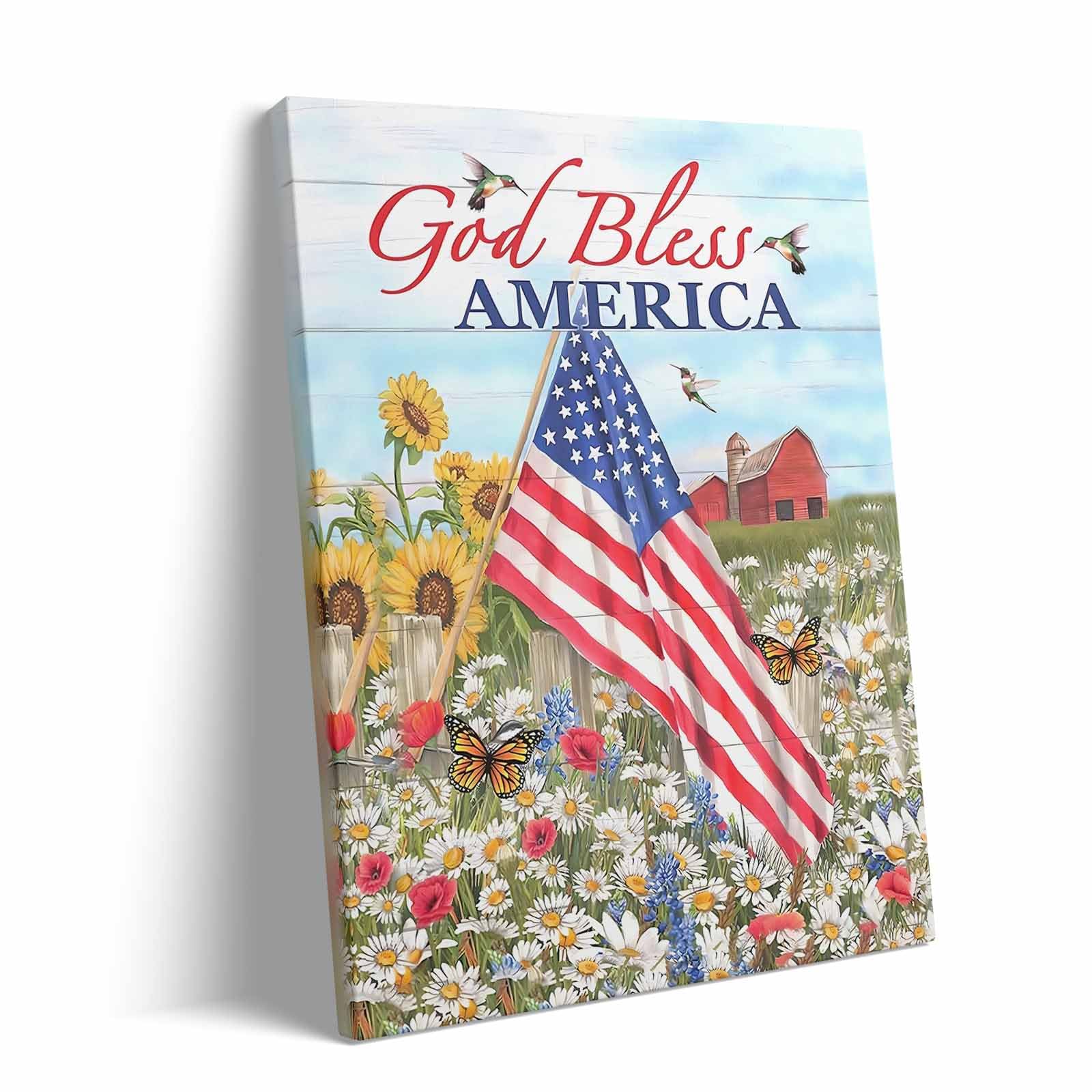 4th of July America Patriotic Wall Art, God Bless USA Flag and Daisy Field with Farm and Butterflies Print, Summer Country Poster Framed Vintage Wall Decor for Living Room and Entryway 8x10inch