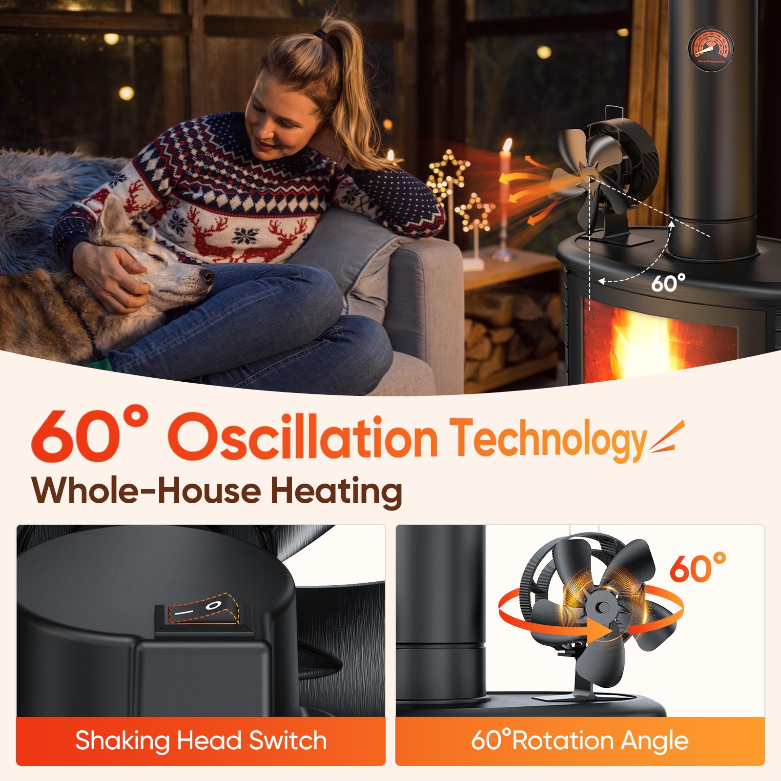 HECUSAM Kachelventilator, 2-in-1 kachelventilator zonder stroom met thermometer, 6 vleugels voor snellere warmteverdeling, stille werking voor hout, brandhout, vuurplaats, kachelpijp 1 reservering