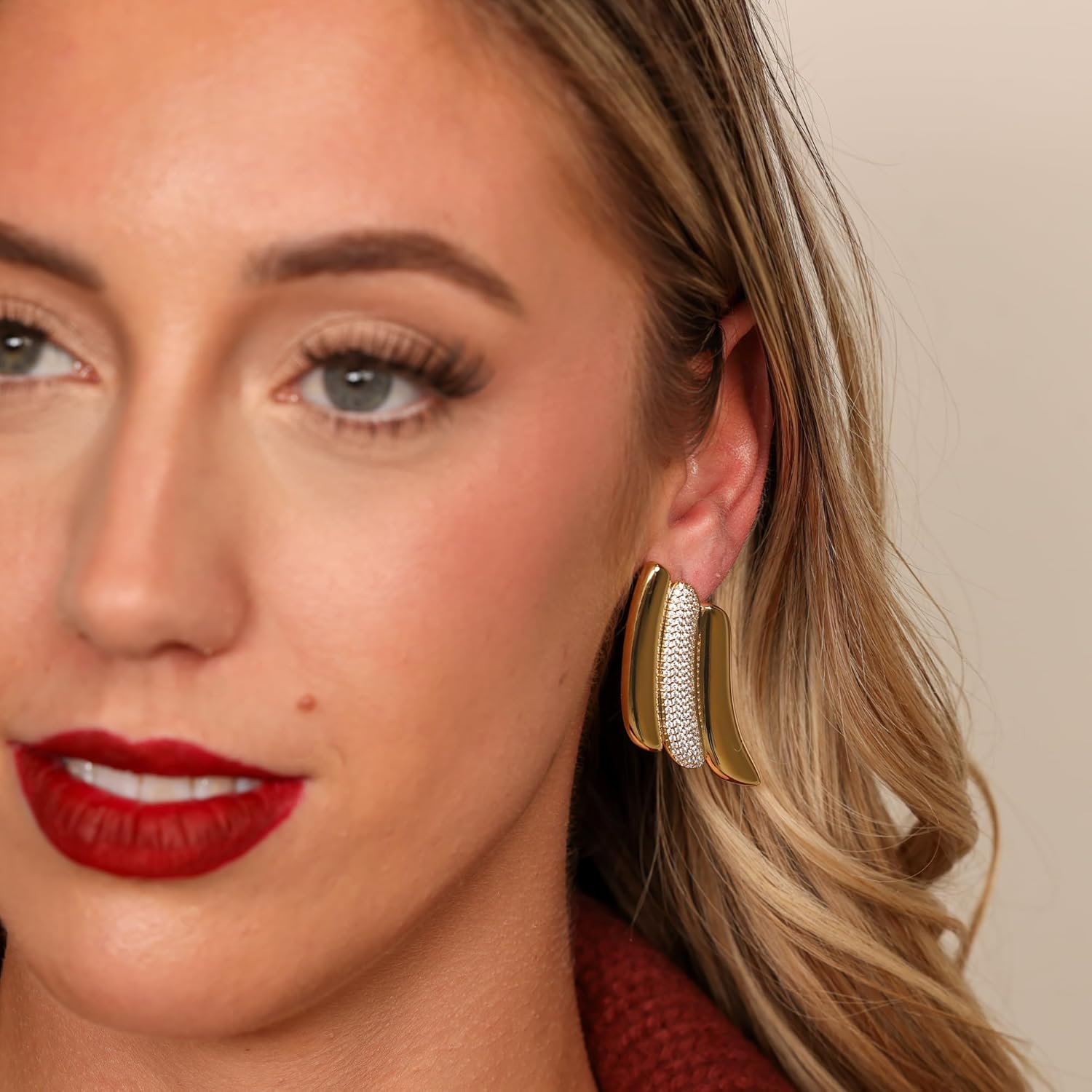 Swirl Bold Stud Earrings | 18K Gold Plated Triple Wave On The Ear Stud Earring | Large Wing Statement Earrings - Image 2