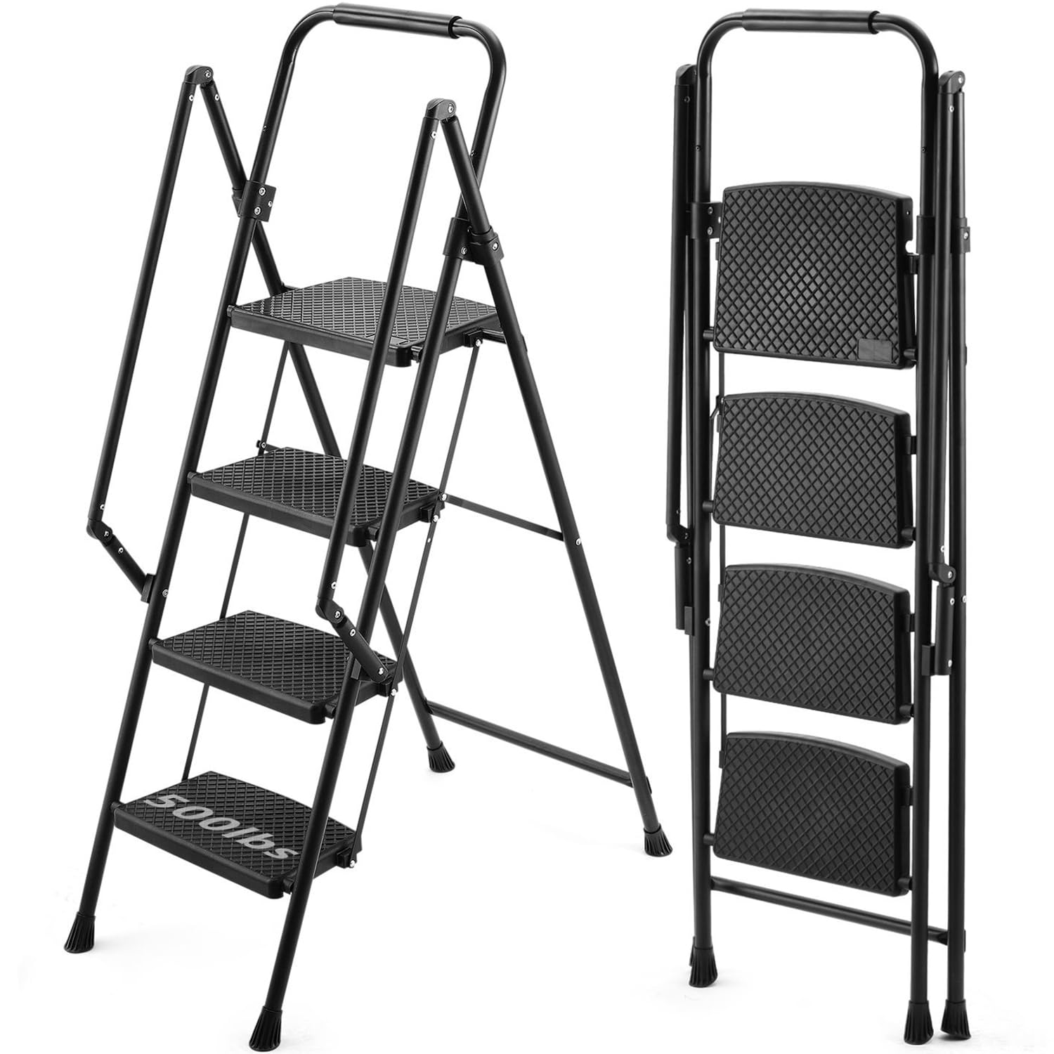 4 Step Ladder with Handrails,Folding 4 Step Stool with Handrails, Sturdy Steel Ladder with Wide Pedal, 500lbs Capacity Step Ladder for Household, Kitchen,Office, Black