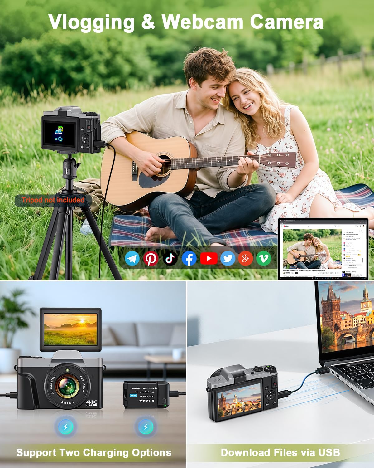 Cámara digital 4K con WiFi 64MP enfoque automático cámara de vlogging cámaras de viaje compactas para fotografía, pantalla abatible de 3 pulgadas 180°, zoom 16X, flash antivibración, tarjeta de 32 GB