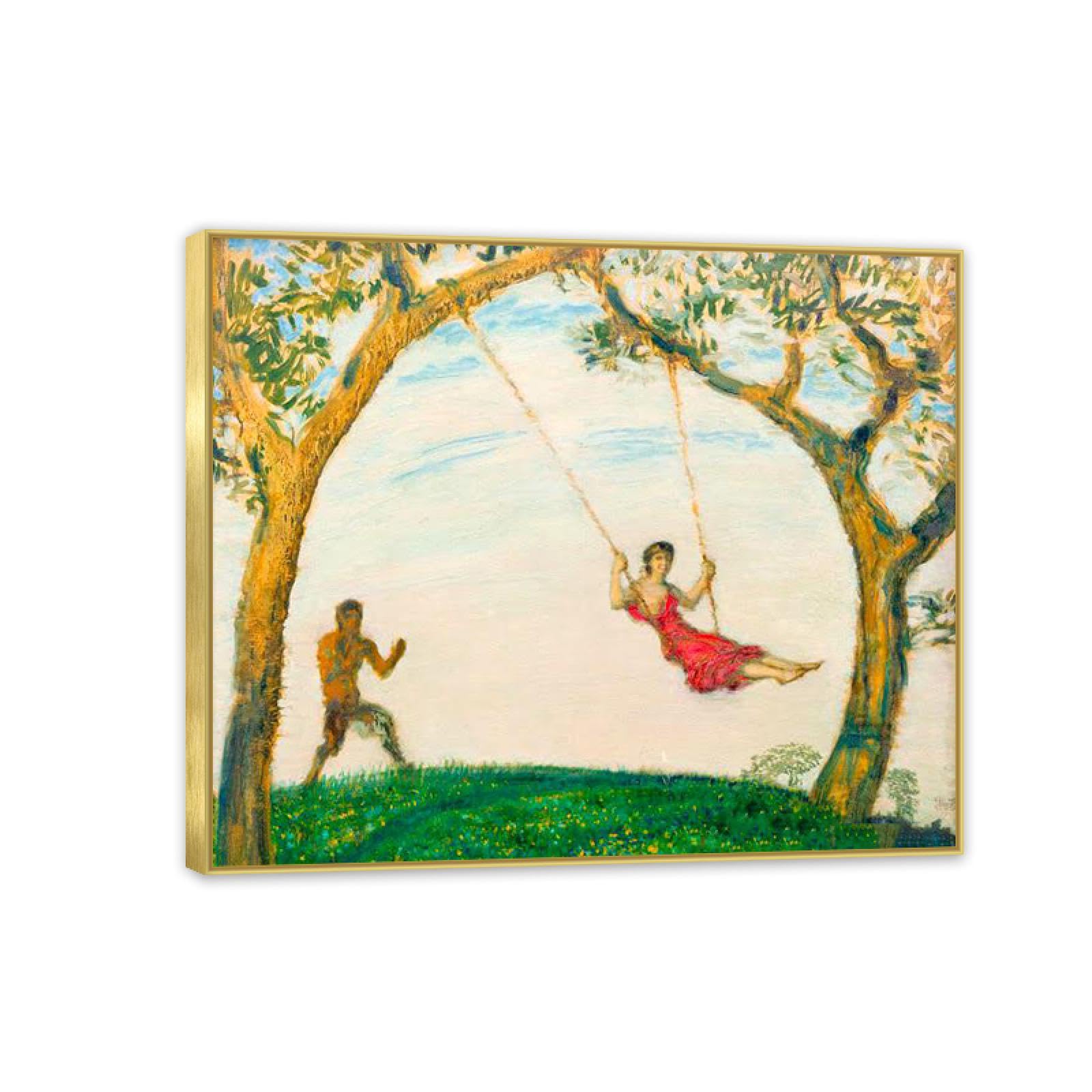 Hau3sh3a Franz von Stuck Wall Art Print The Swing Famous Giclees Franz Stuck Picture Artwork Wall Decor for Living Room Bathroom Office 90x70cm(36x28in) Gold frame