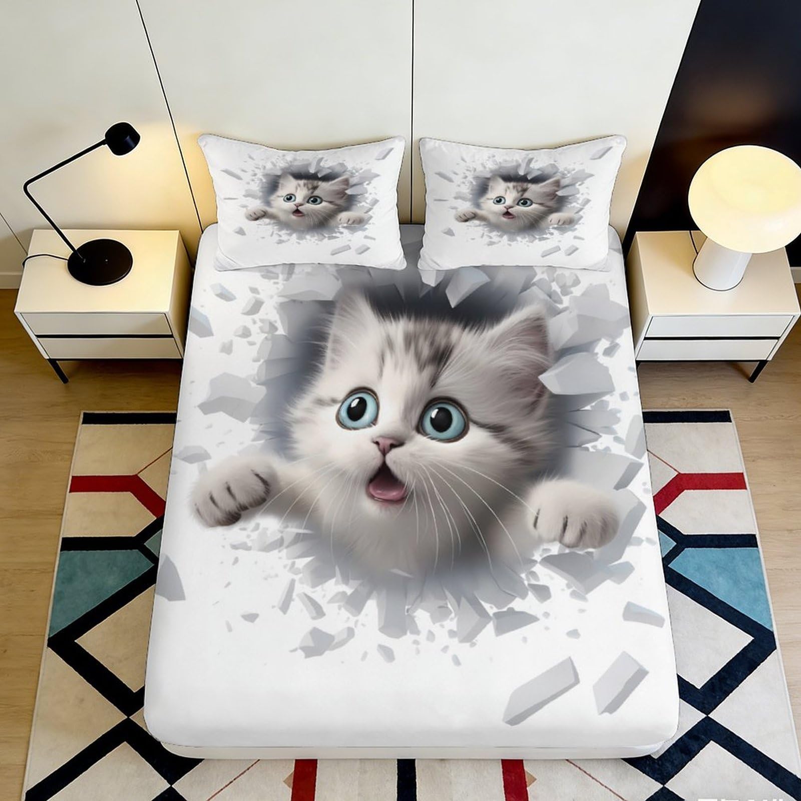 3D Printed Cute Kitten Fitted Sheet Microfiber Soft Breathable Playful Cat Mattress Cover for Bedroom Dormitory Guest Room Mattress Protection Decor 180x200x25cm