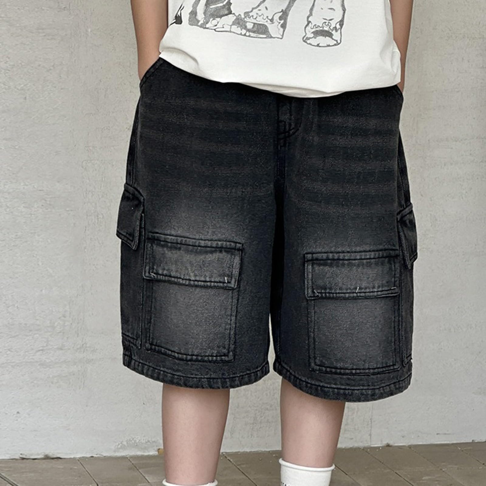 Pantalones cortos de mezclilla para niños, holgados, cintura elástica, pantalones cortos de verano, casuales, rectos, pierna ancha, longitud hasta la rodilla, ropa de calle para adolescentes